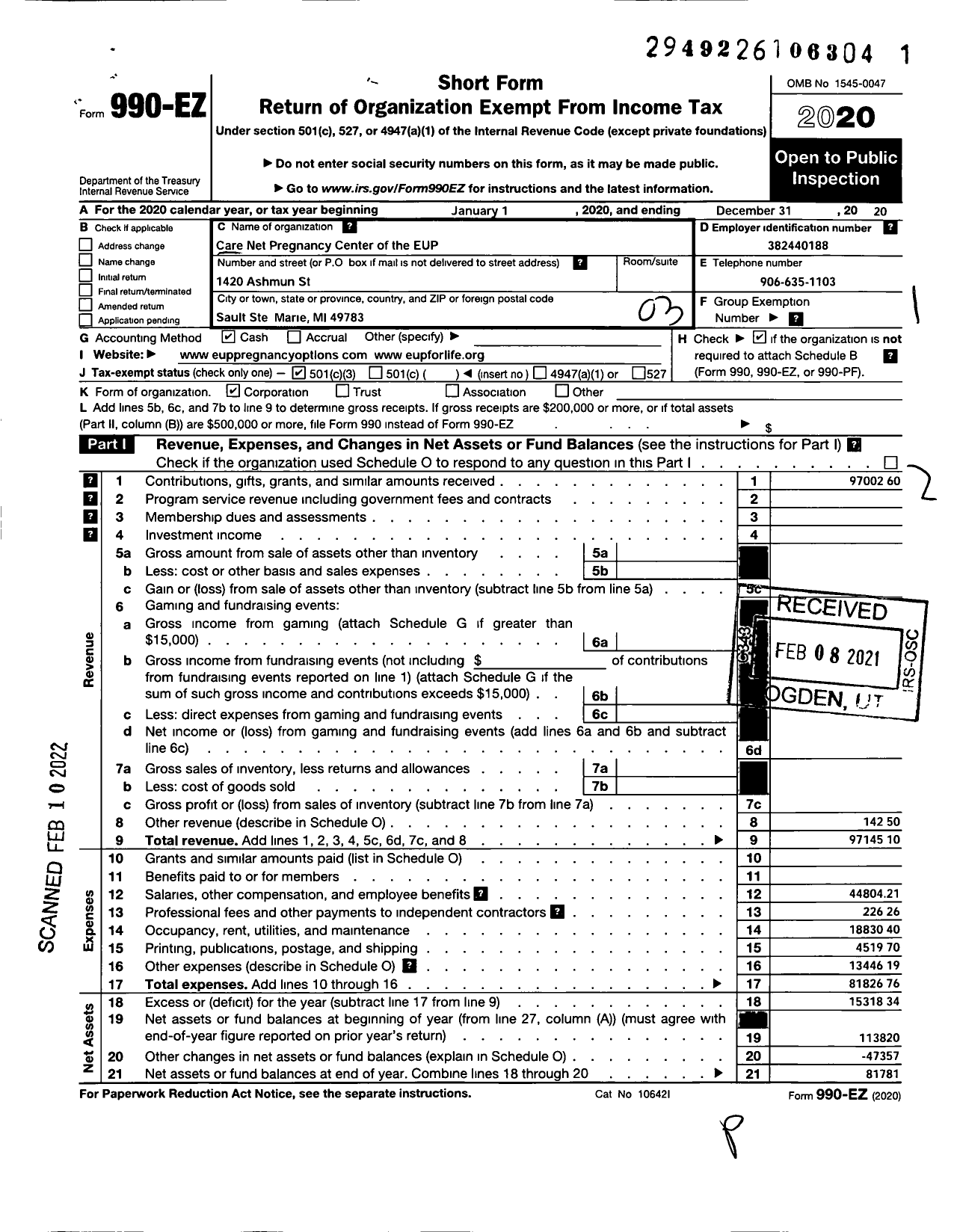 Image of first page of 2020 Form 990EZ for Care Net Pregnancy Center of the Eup