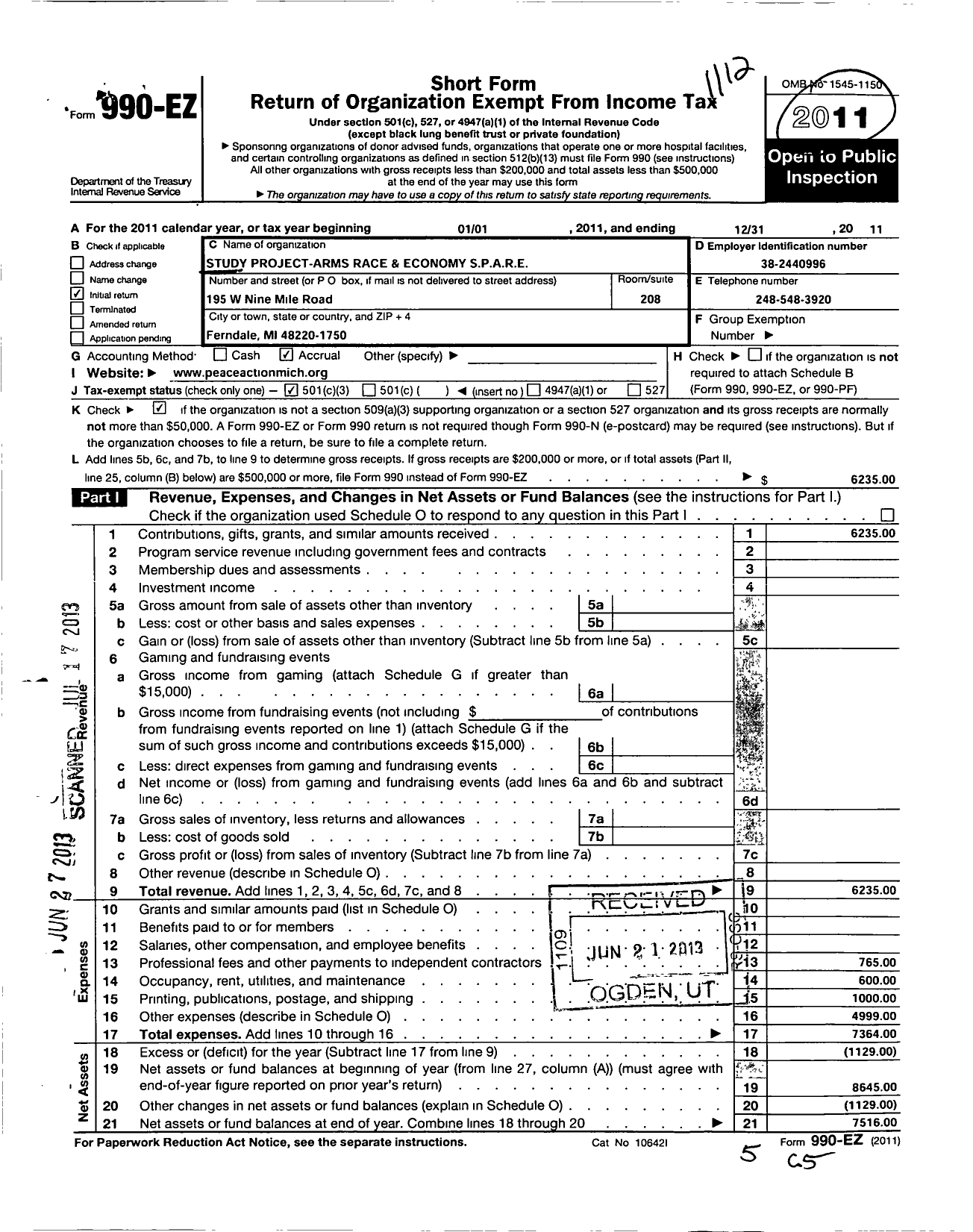 Image of first page of 2011 Form 990EZ for Study Project-Arms Race and Economy S P A R E