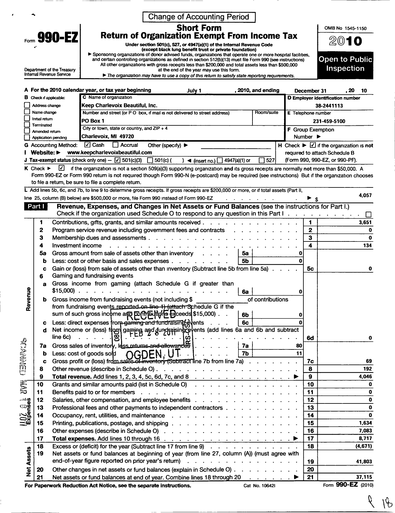 Image of first page of 2010 Form 990EZ for Keep Charlevoix Beautiful