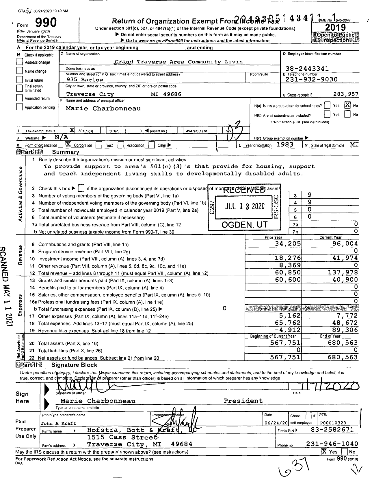 Image of first page of 2019 Form 990 for Grand Traverse Area Community Living Foundation