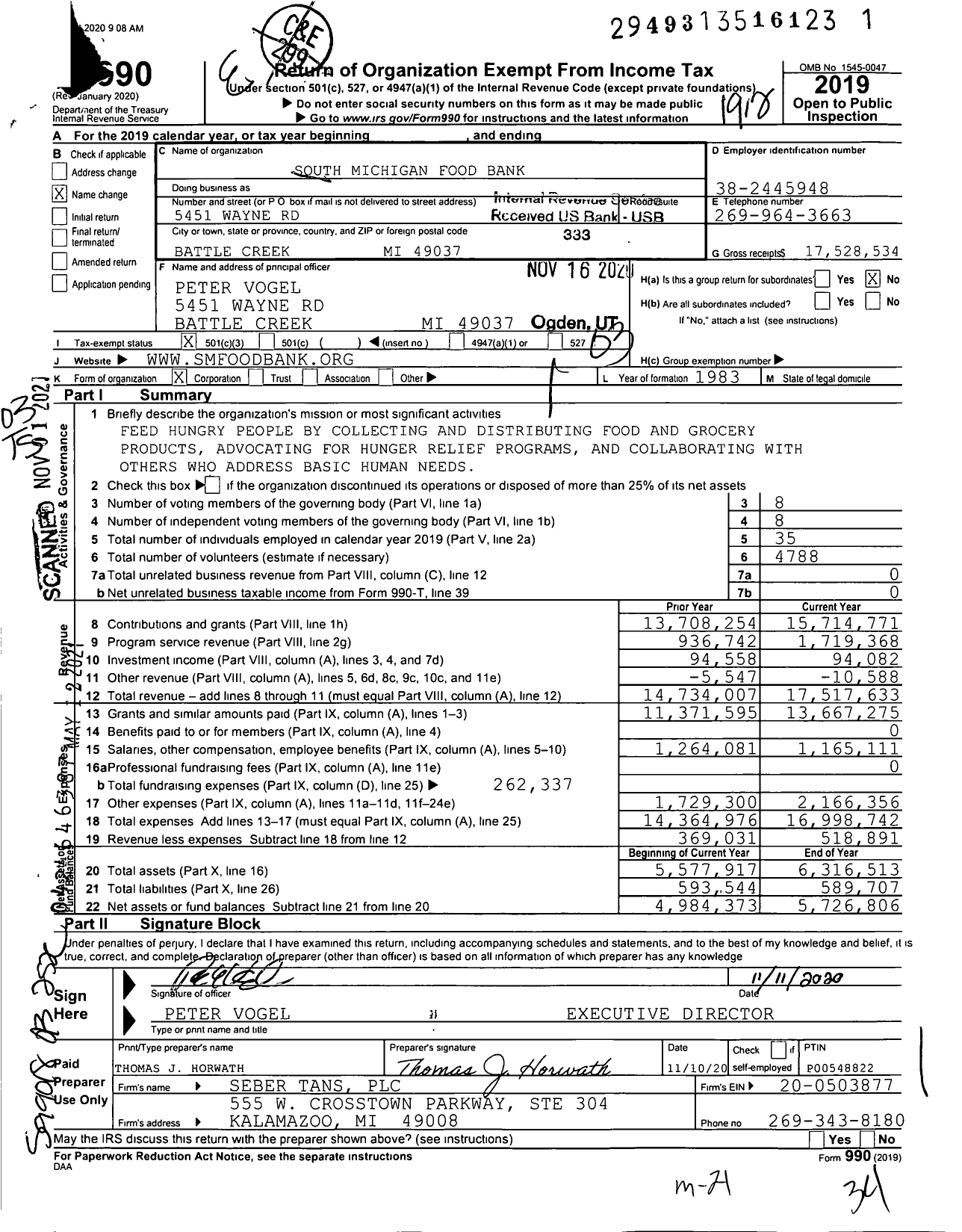 Image of first page of 2019 Form 990 for South Michigan Food Bank (FBSCM)