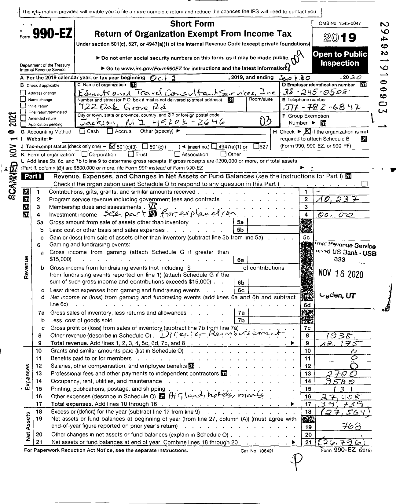 Image of first page of 2019 Form 990EZ for Educational Travel Consultant Services