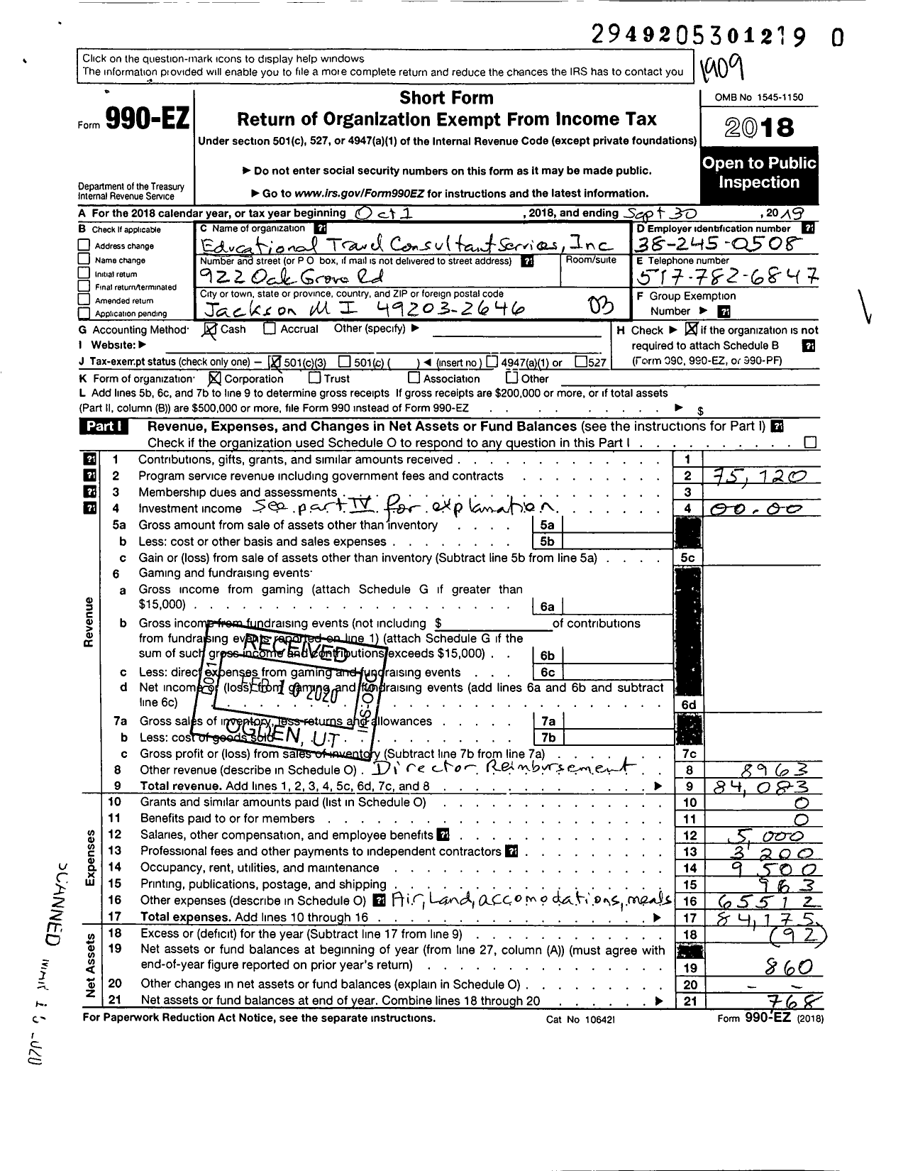 Image of first page of 2018 Form 990EZ for Educational Travel Consultant Services