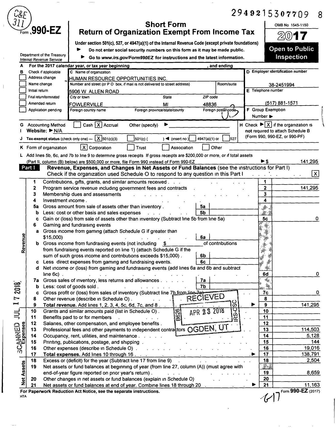 Image of first page of 2017 Form 990EZ for Human Resource Opportunities