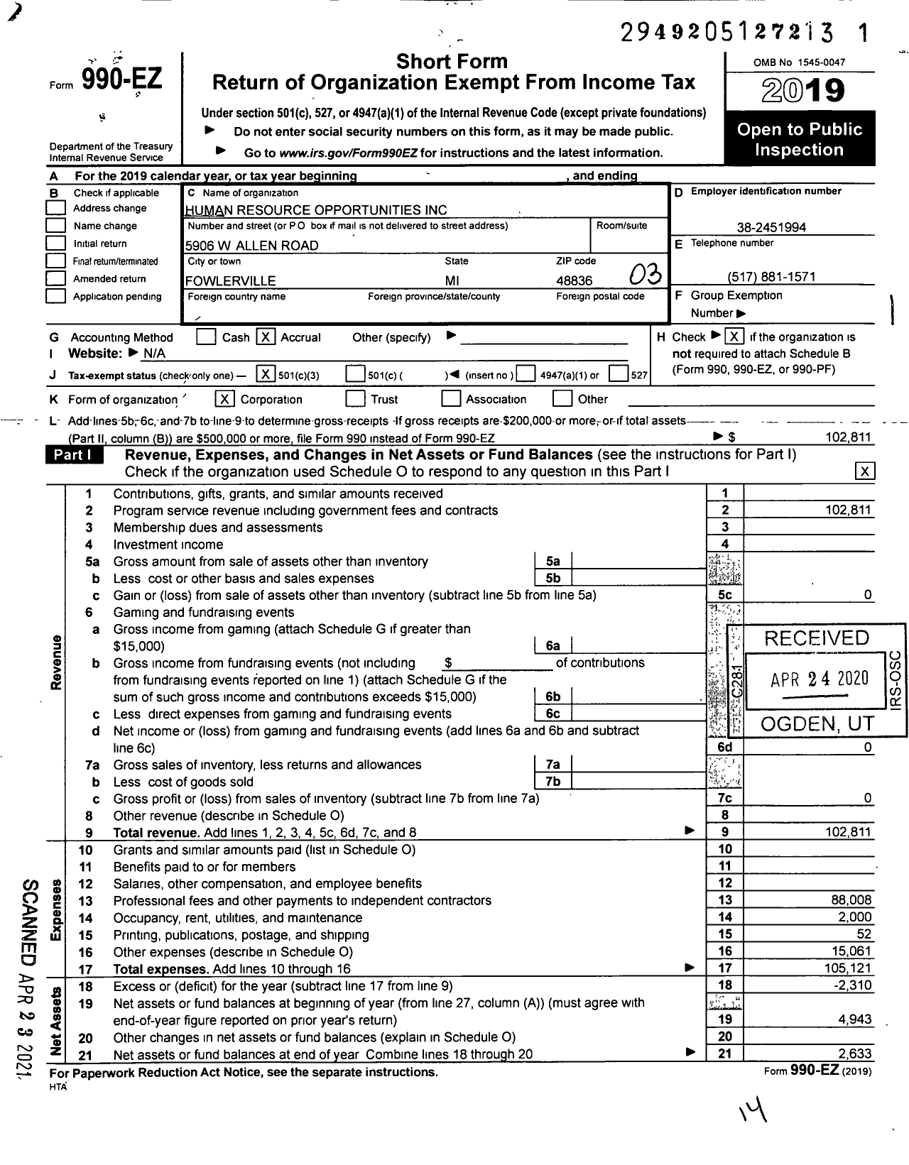 Image of first page of 2019 Form 990EZ for Human Resource Opportunities