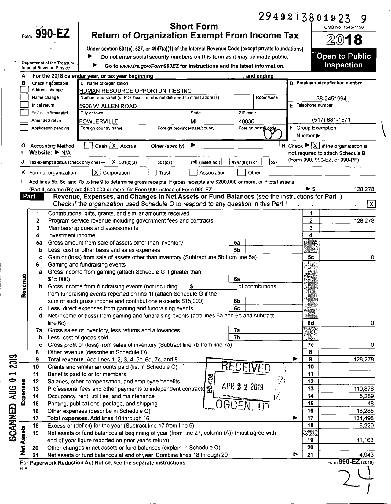 Image of first page of 2018 Form 990EZ for Human Resource Opportunities