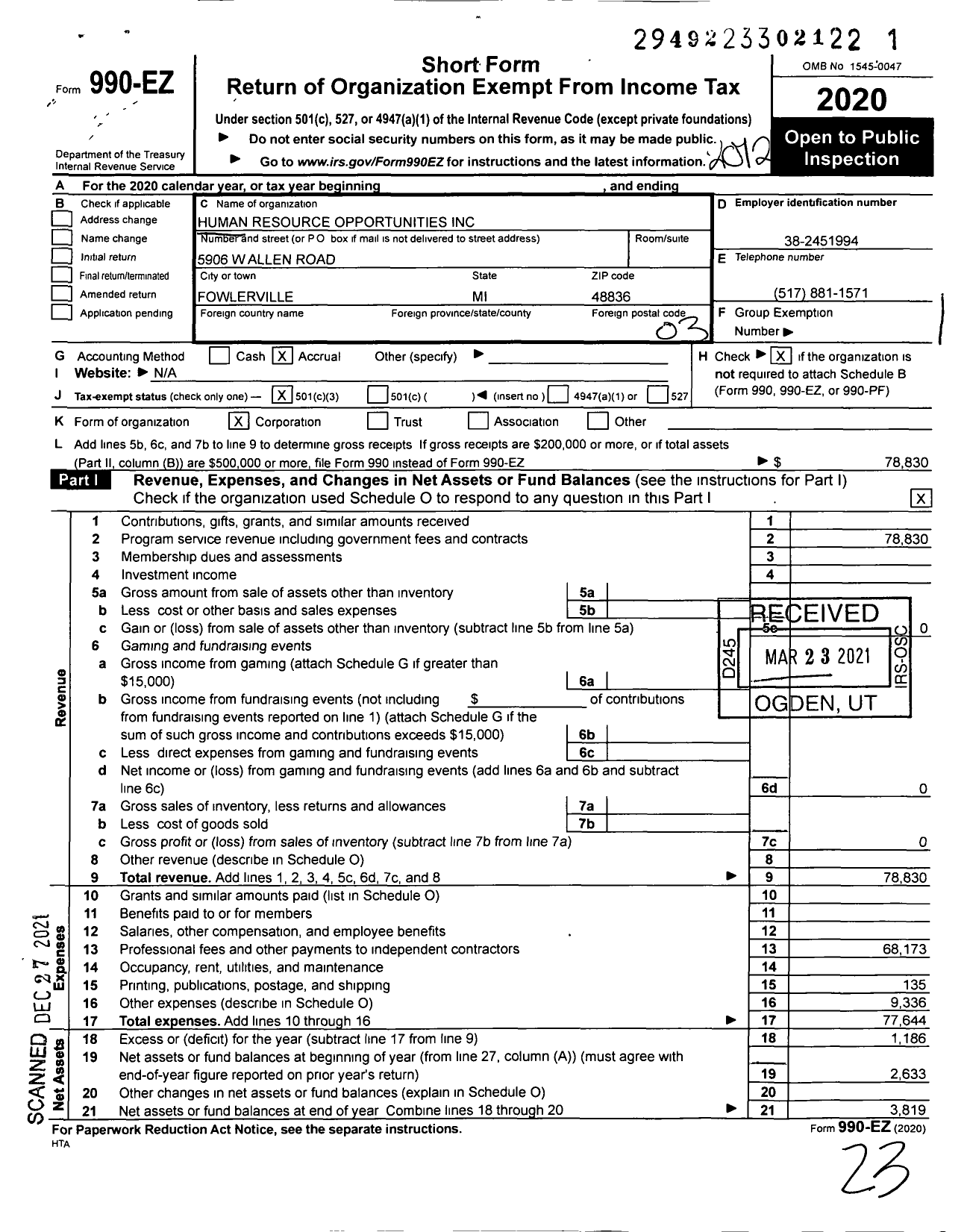 Image of first page of 2020 Form 990EZ for Human Resource Opportunities