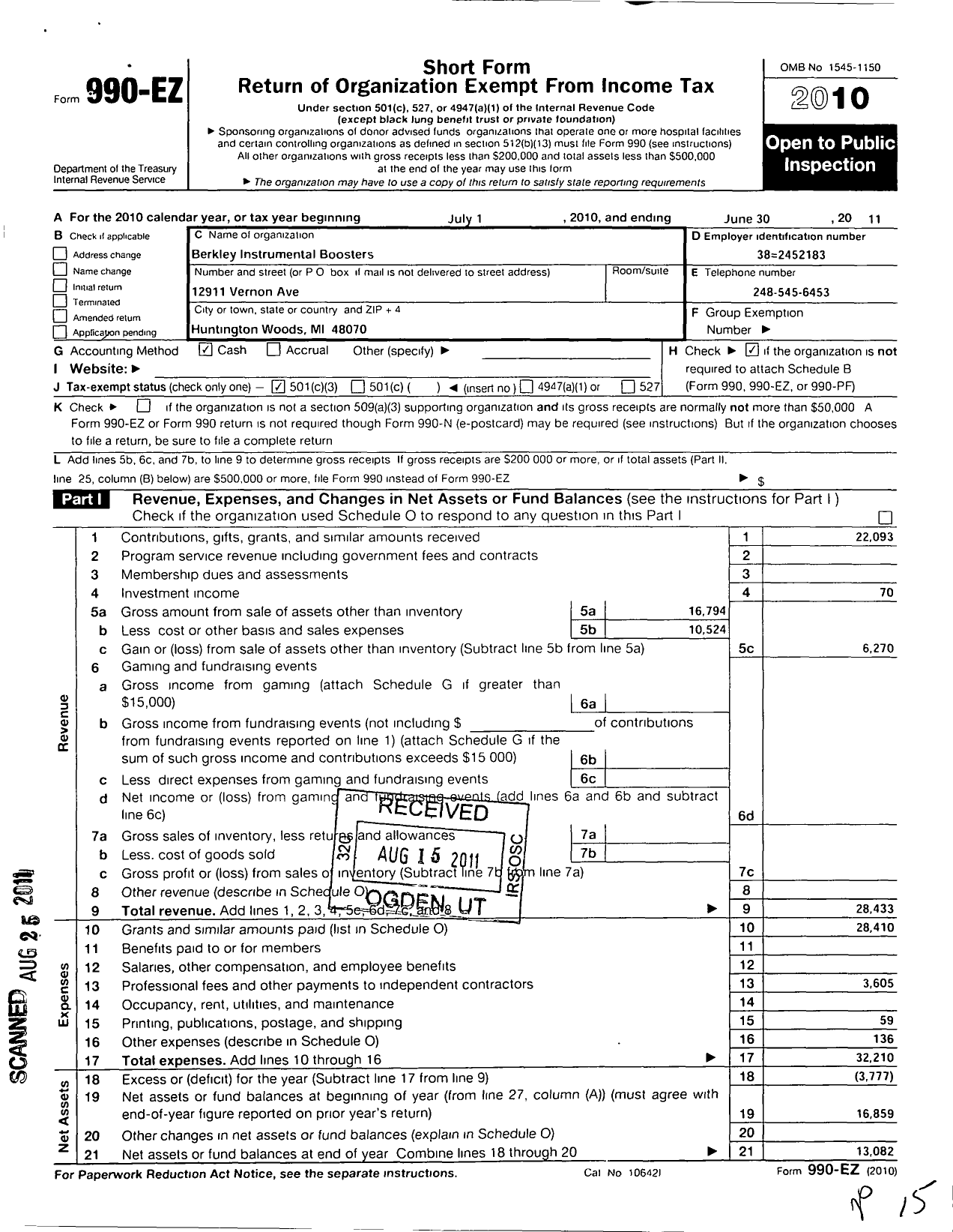 Image of first page of 2010 Form 990EZ for Berkley Instrumental Boosters