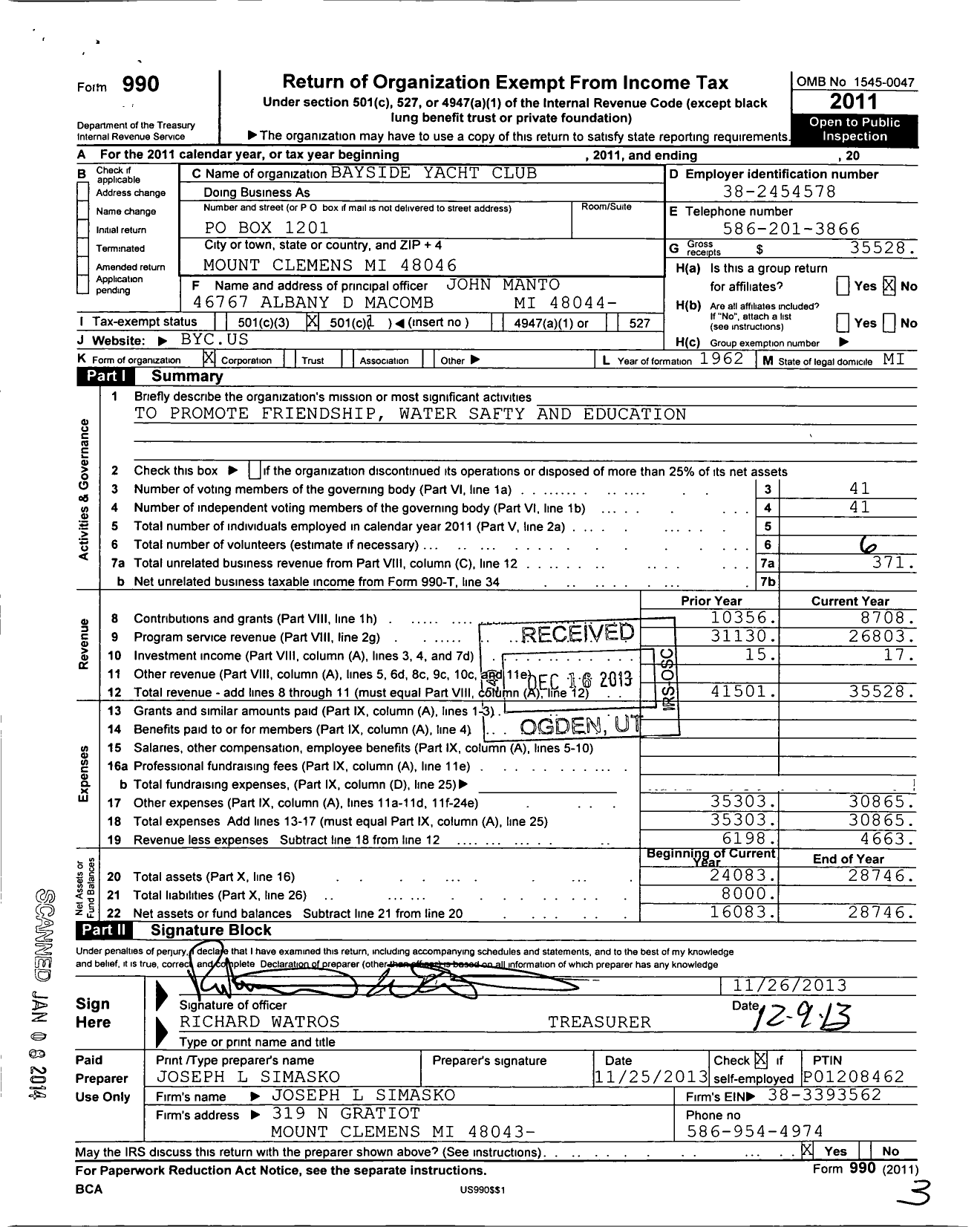 Image of first page of 2011 Form 990O for Bayside Yacht Club