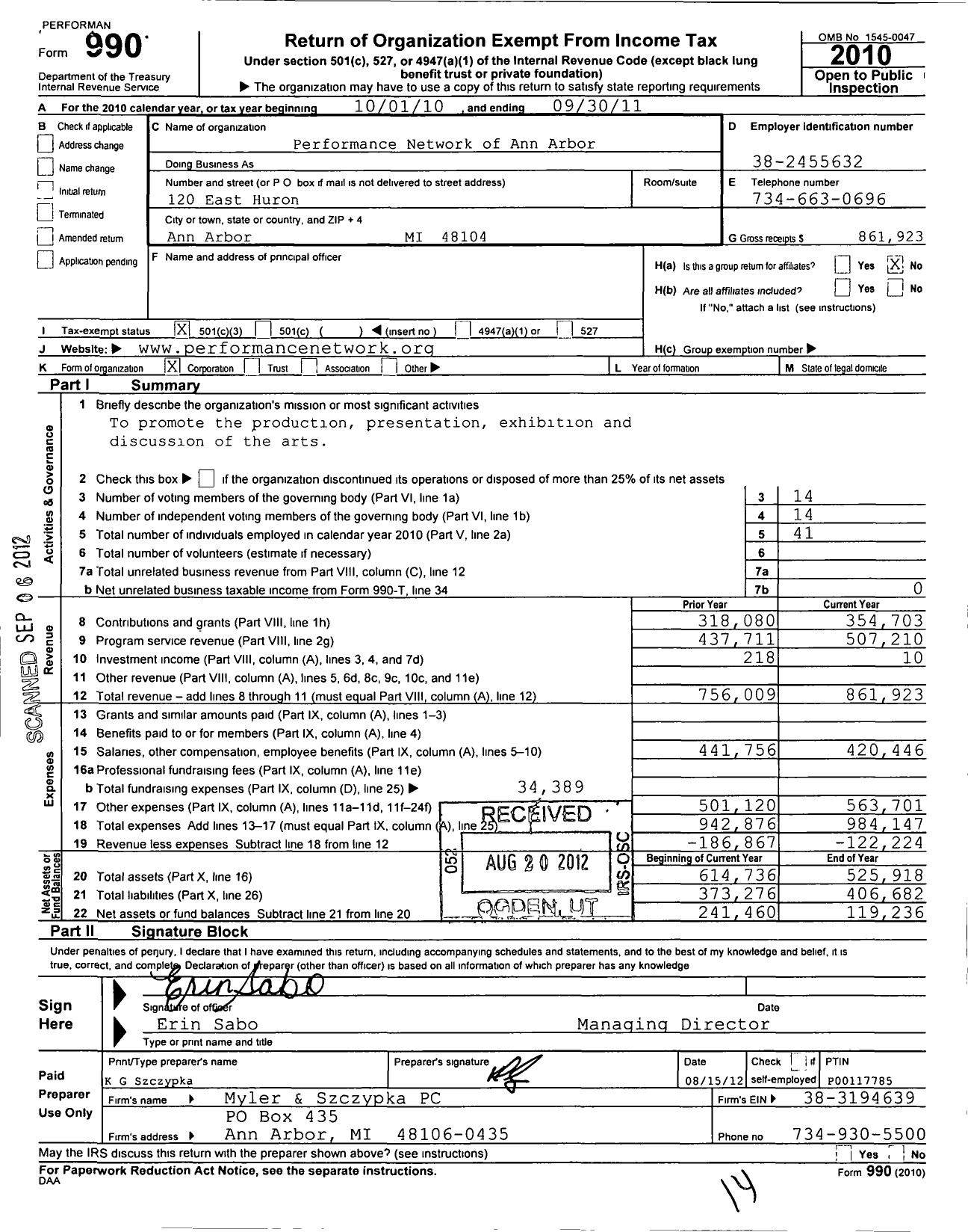 Image of first page of 2010 Form 990 for Performance Network Theatre