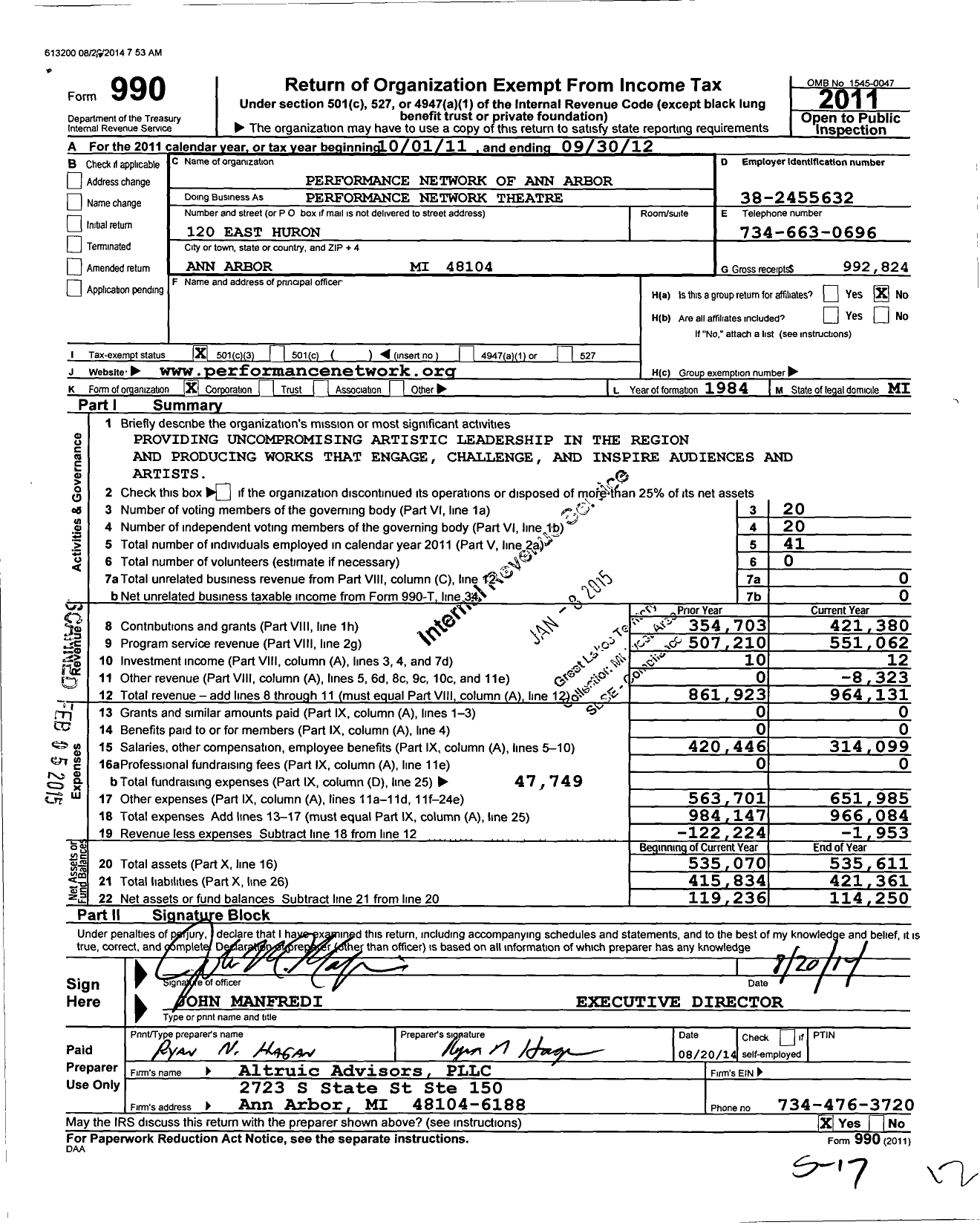 Image of first page of 2011 Form 990 for Performance Network Theatre