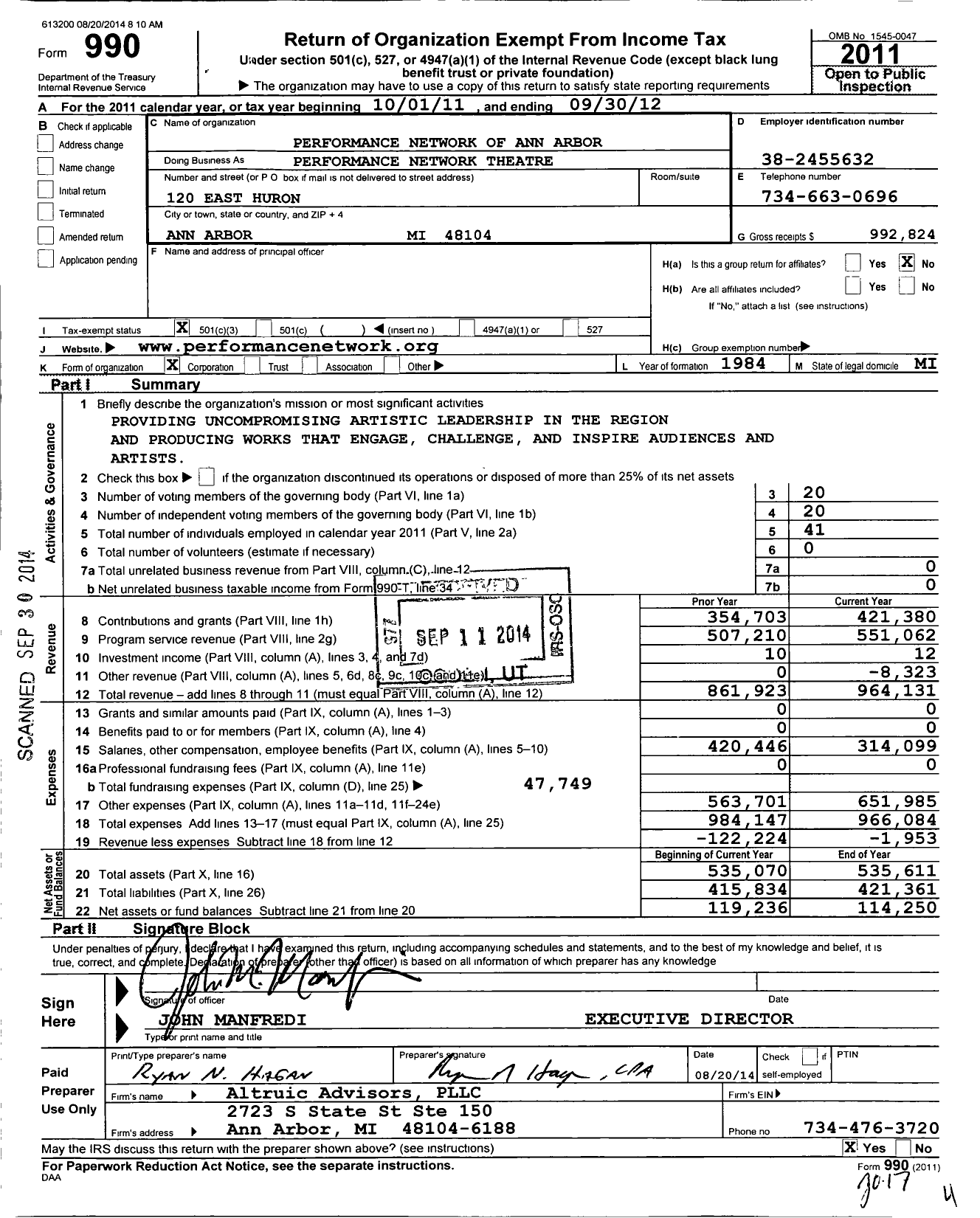 Image of first page of 2011 Form 990 for Performance Network Theatre