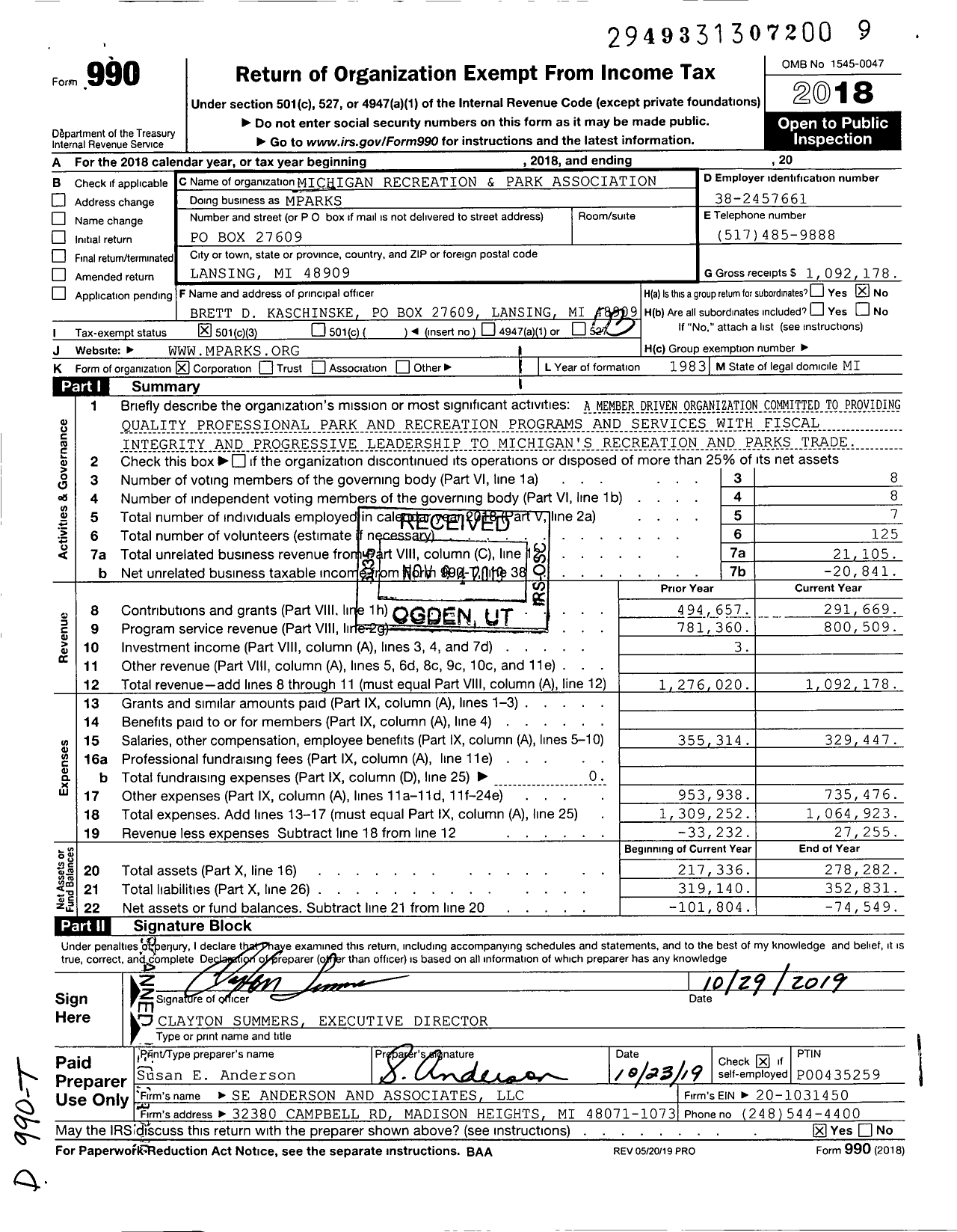 Image of first page of 2018 Form 990 for Mparks