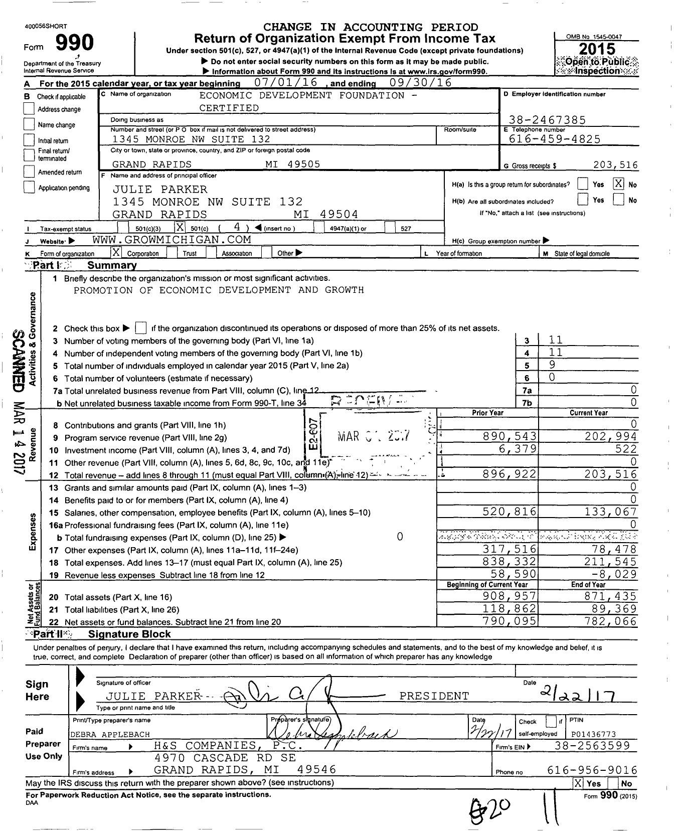 Image of first page of 2015 Form 990O for Economic Development Foundation-Cer