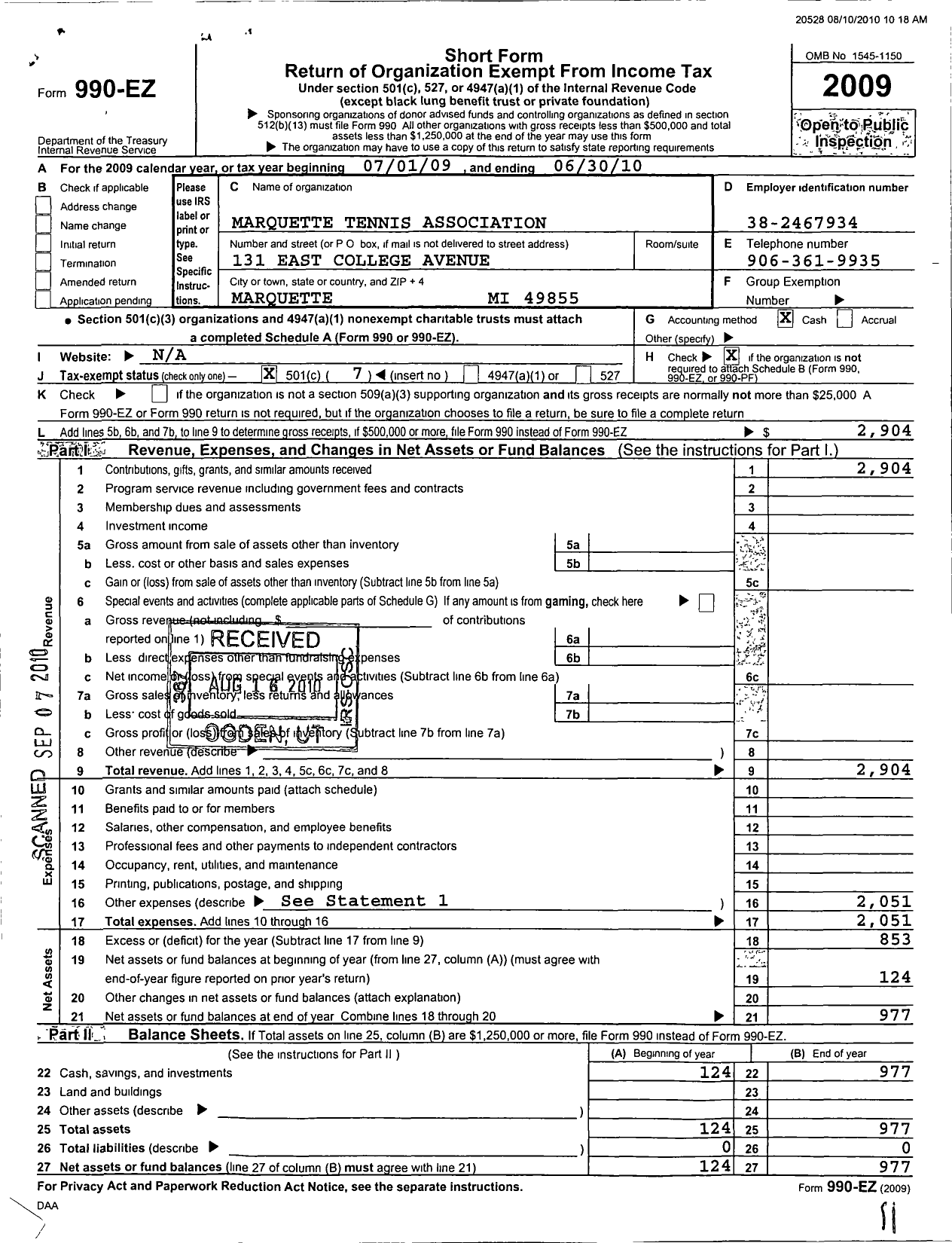 Image of first page of 2009 Form 990EO for Marquette Tennis Association