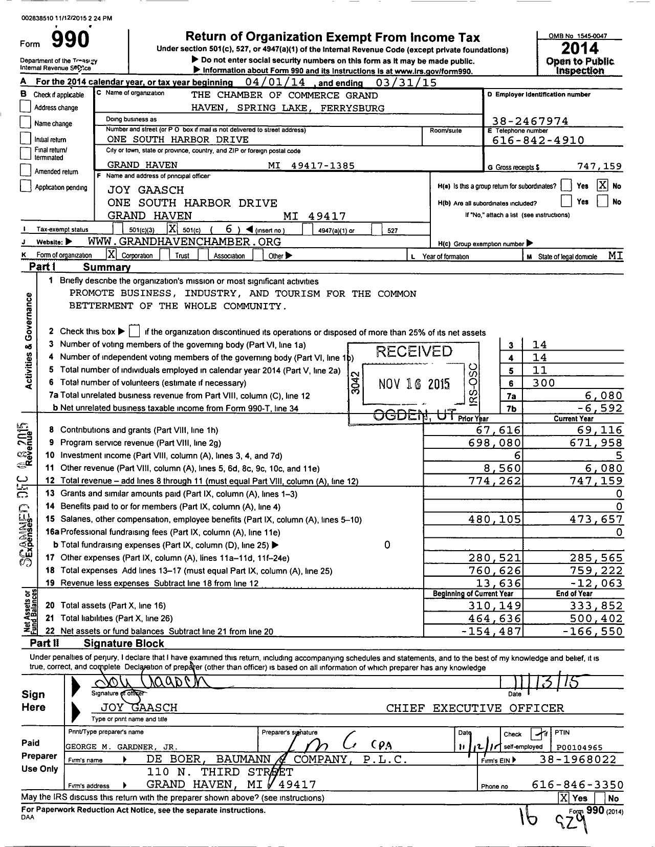 Image of first page of 2014 Form 990O for The Chamber of Commerce Grand Haven Spring Lake Ferrysburg