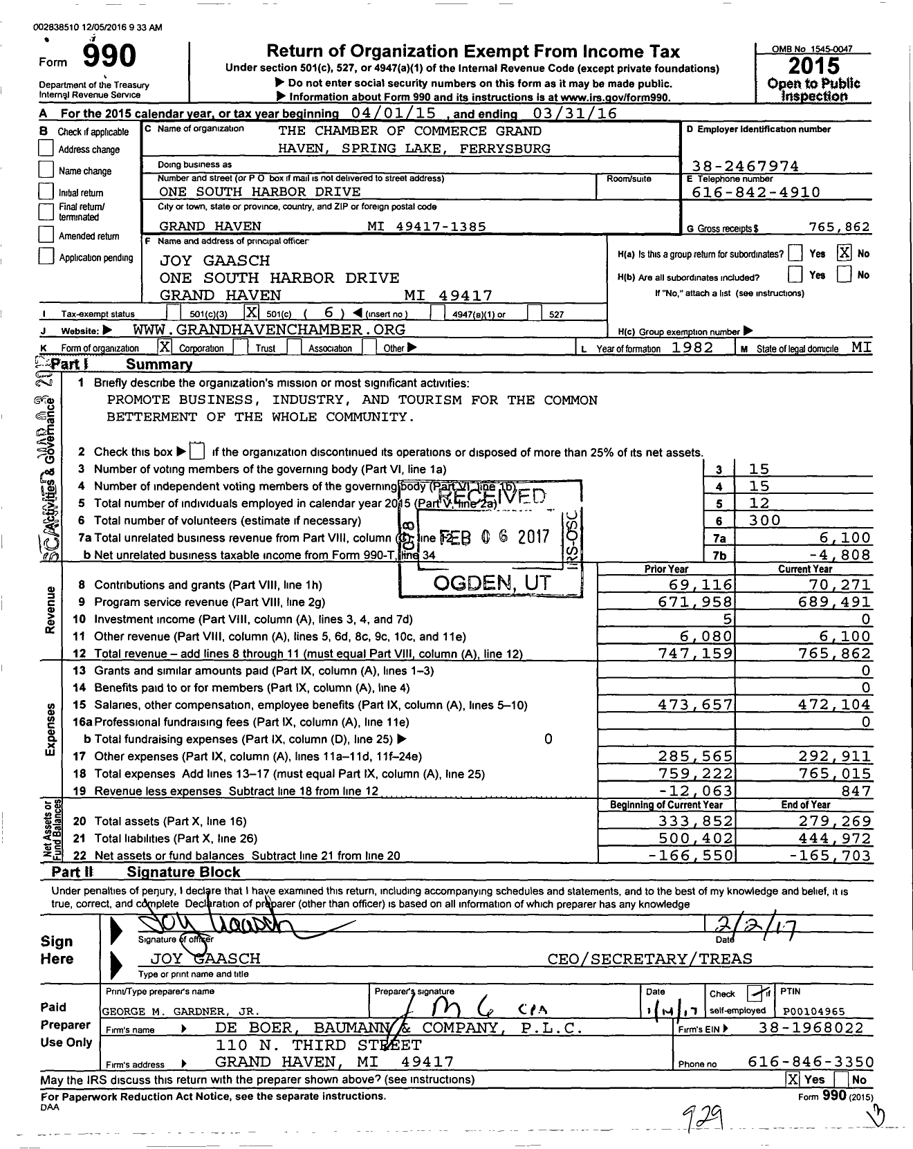 Image of first page of 2015 Form 990O for The Chamber of Commerce Grand Haven Spring Lake Ferrysburg