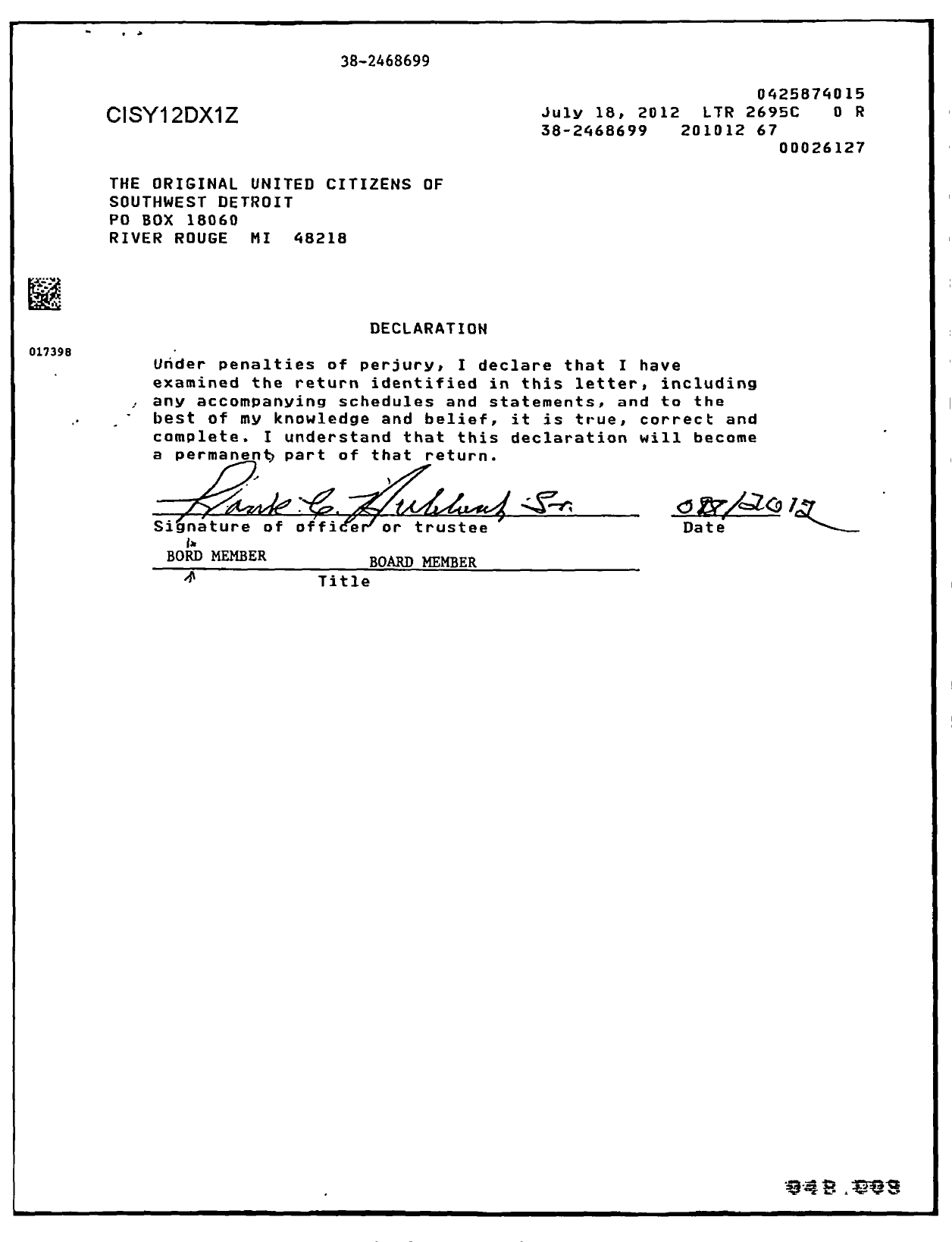 Image of first page of 2010 Form 990ER for The Original United Citizens of Southwest Detroit