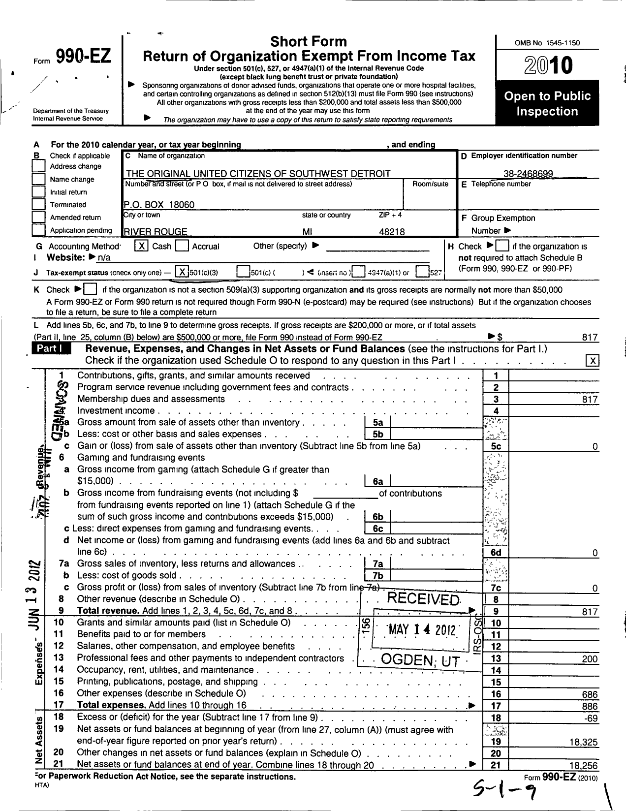 Image of first page of 2010 Form 990EZ for The Original United Citizens of Southwest Detroit