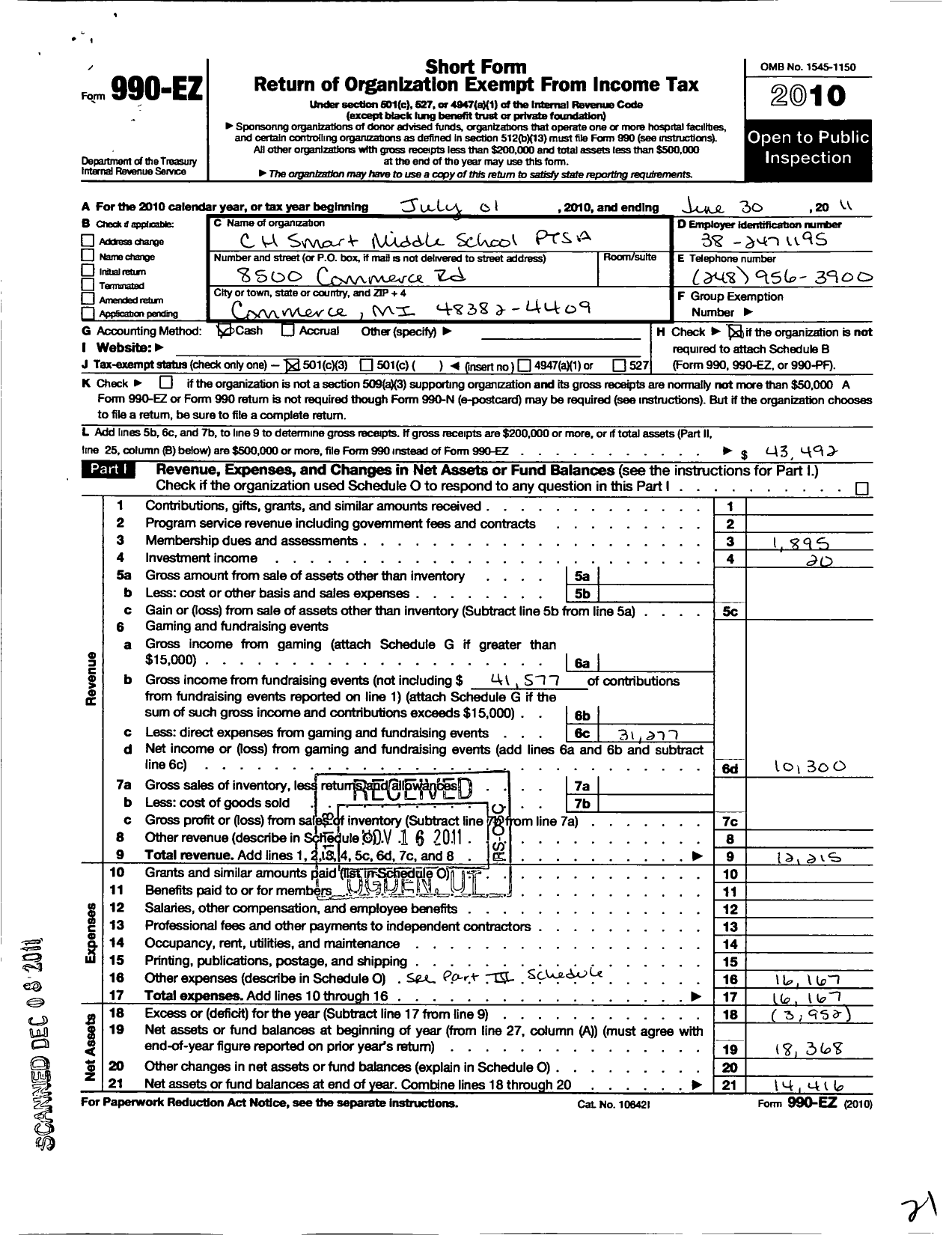 Image of first page of 2010 Form 990EZ for Ptsa Michigan Congress of Parents Teachers and Students / CH Smart Middle School Ptsa