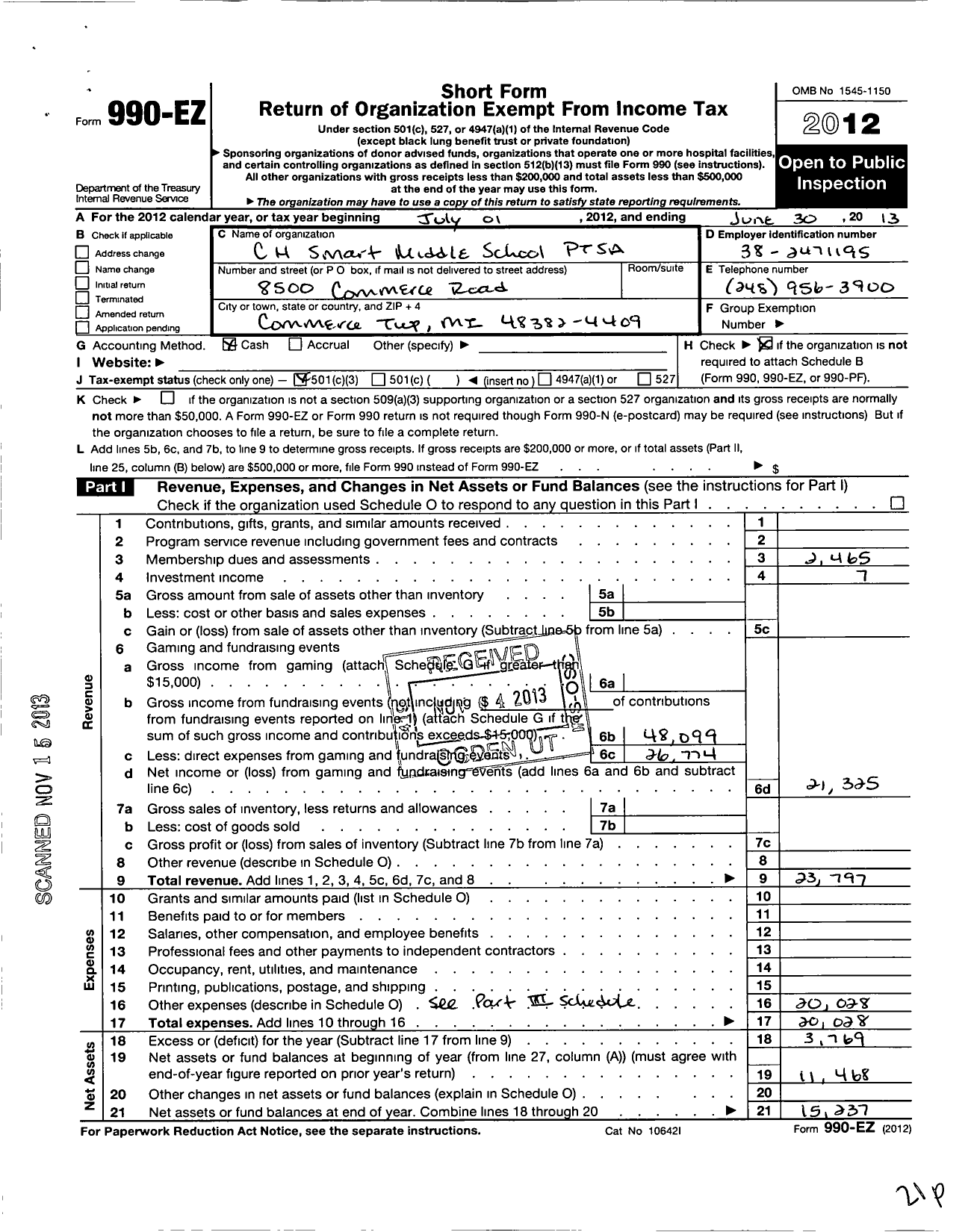 Image of first page of 2012 Form 990EZ for Ptsa Michigan Congress of Parents Teachers and Students / CH Smart Middle School Ptsa