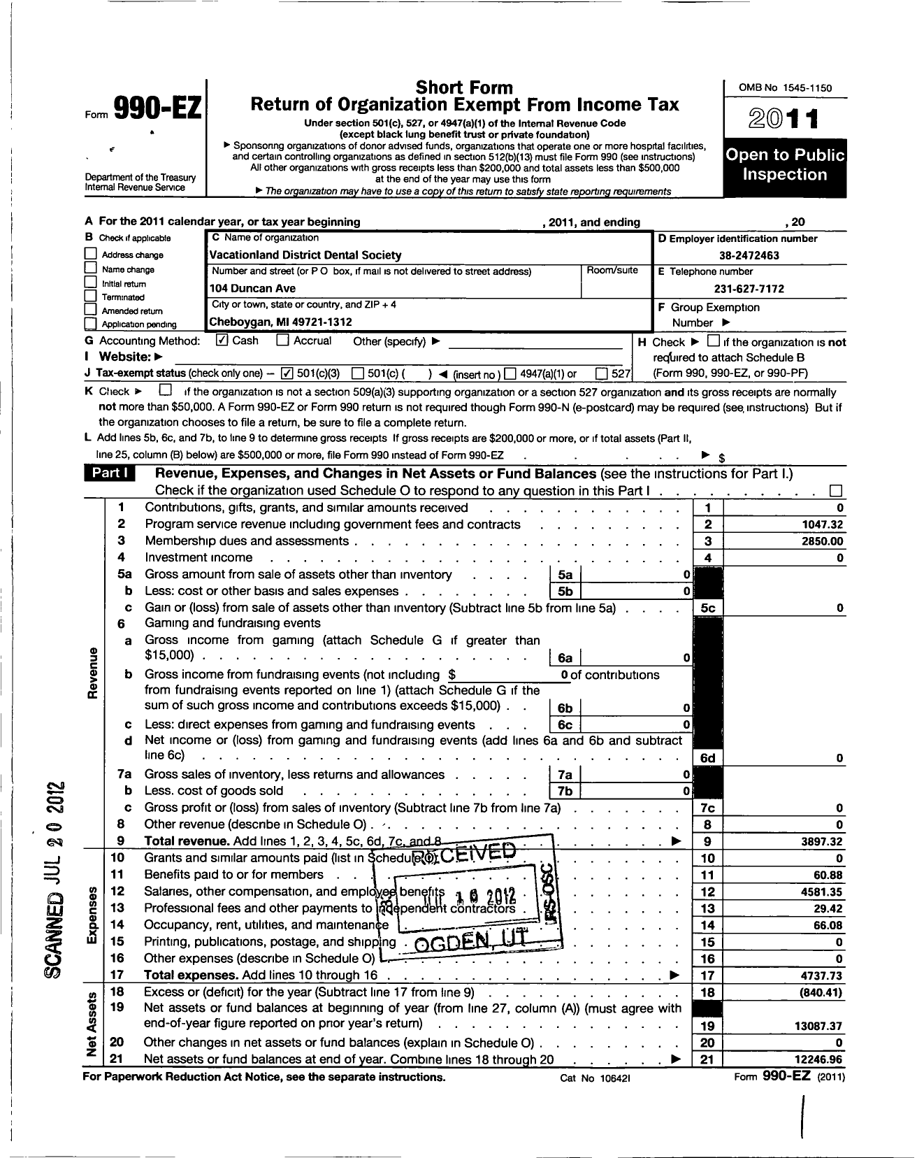 Image of first page of 2011 Form 990EZ for Michigan Dental Association / Vacationland Dist Dental Society