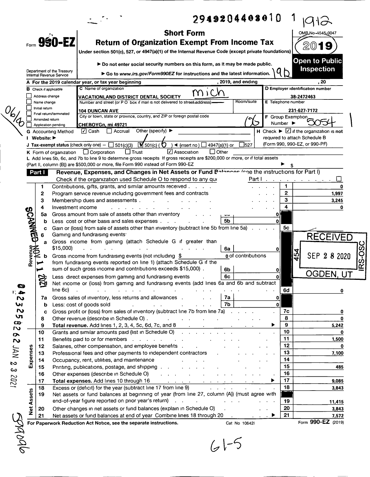 Image of first page of 2019 Form 990EO for Michigan Dental Association / Vacationland Dist Dental Society