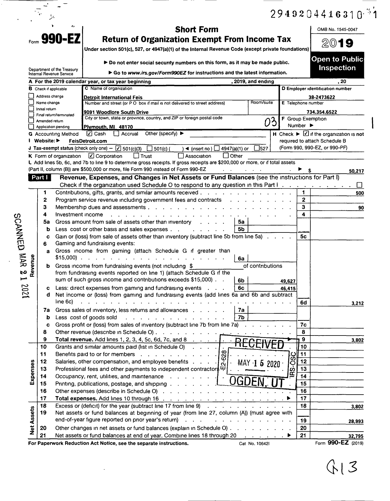 Image of first page of 2019 Form 990EZ for Detroit International Feis