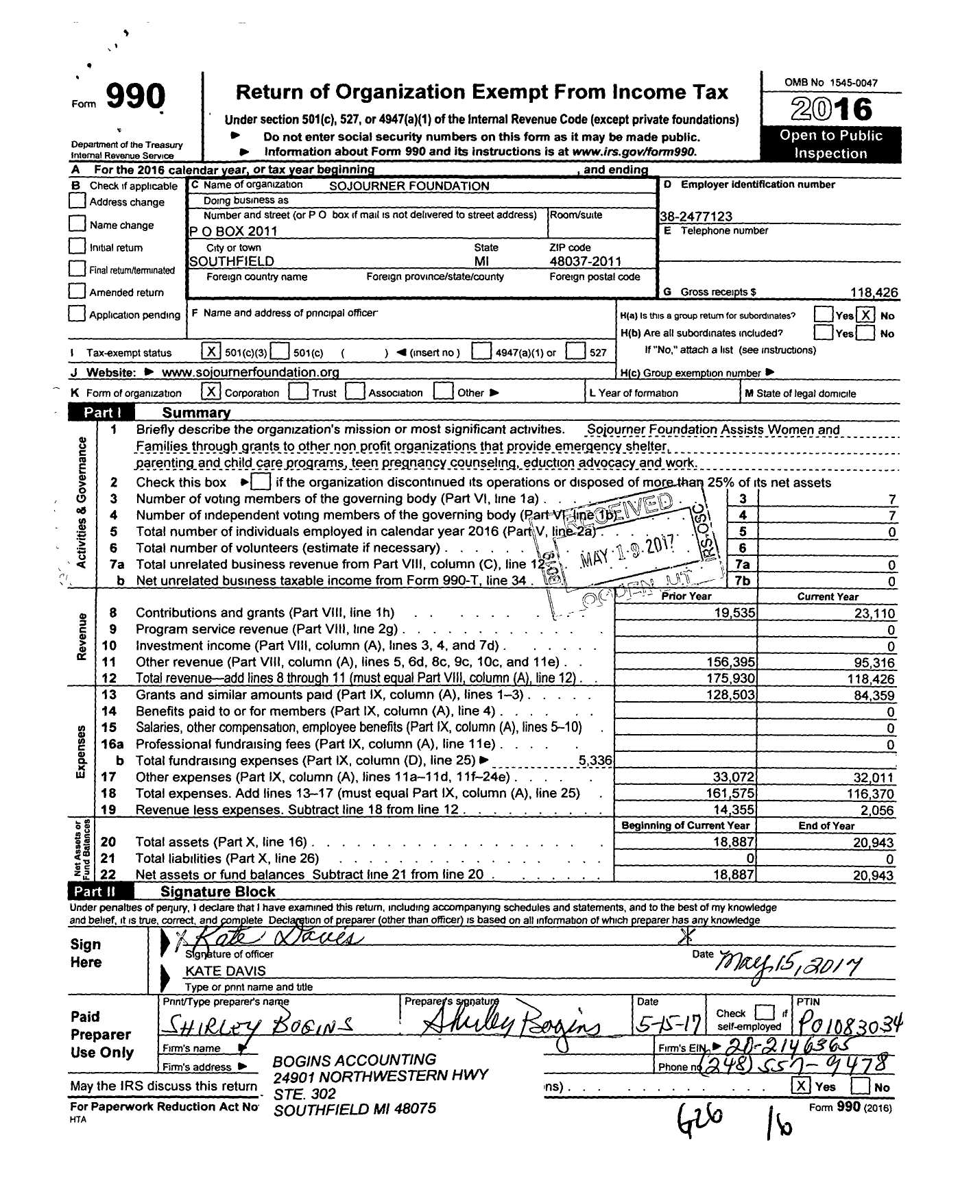 Image of first page of 2016 Form 990 for Sojourner Foundation