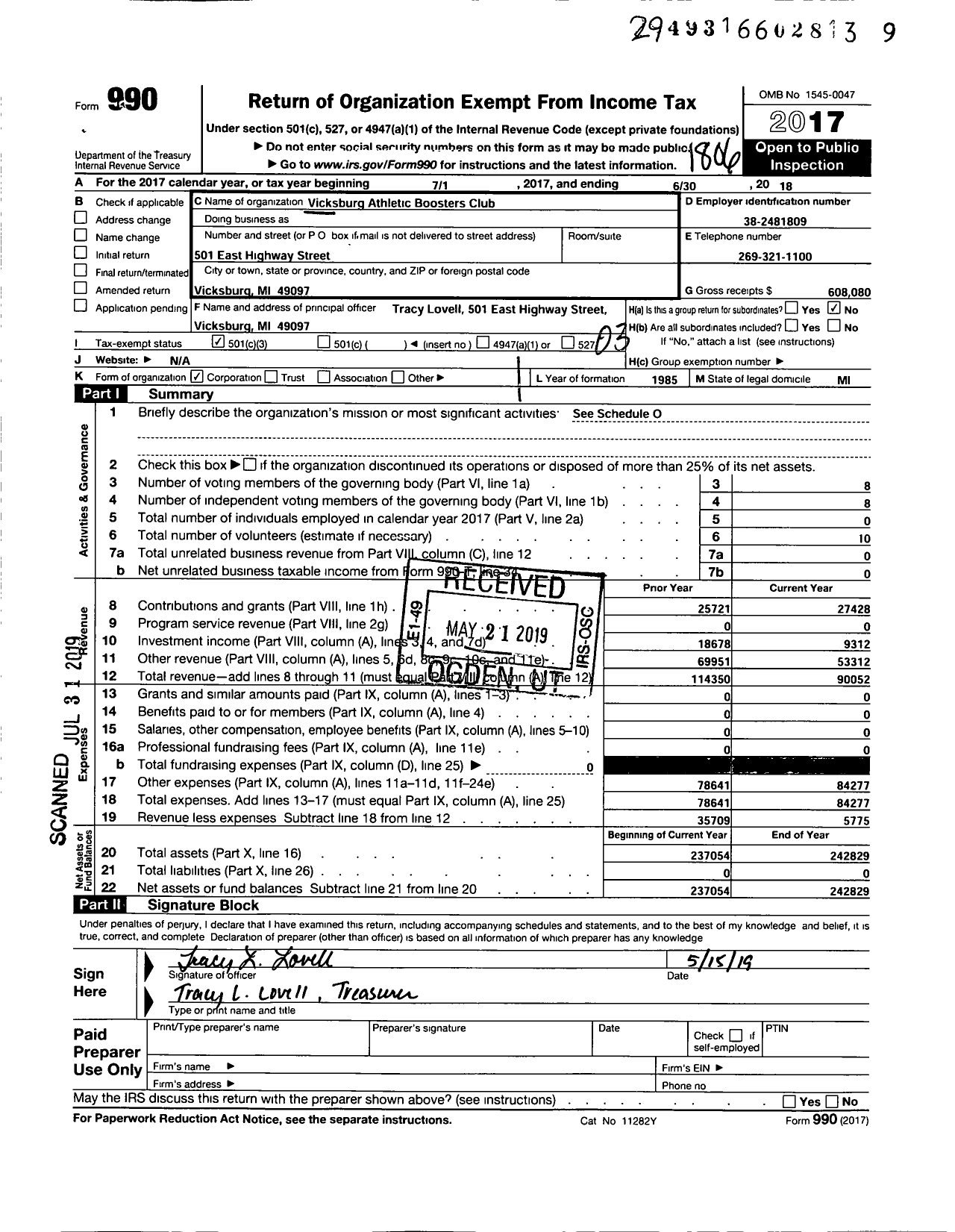 Image of first page of 2017 Form 990 for Vicksburg Athletic Boosters Club