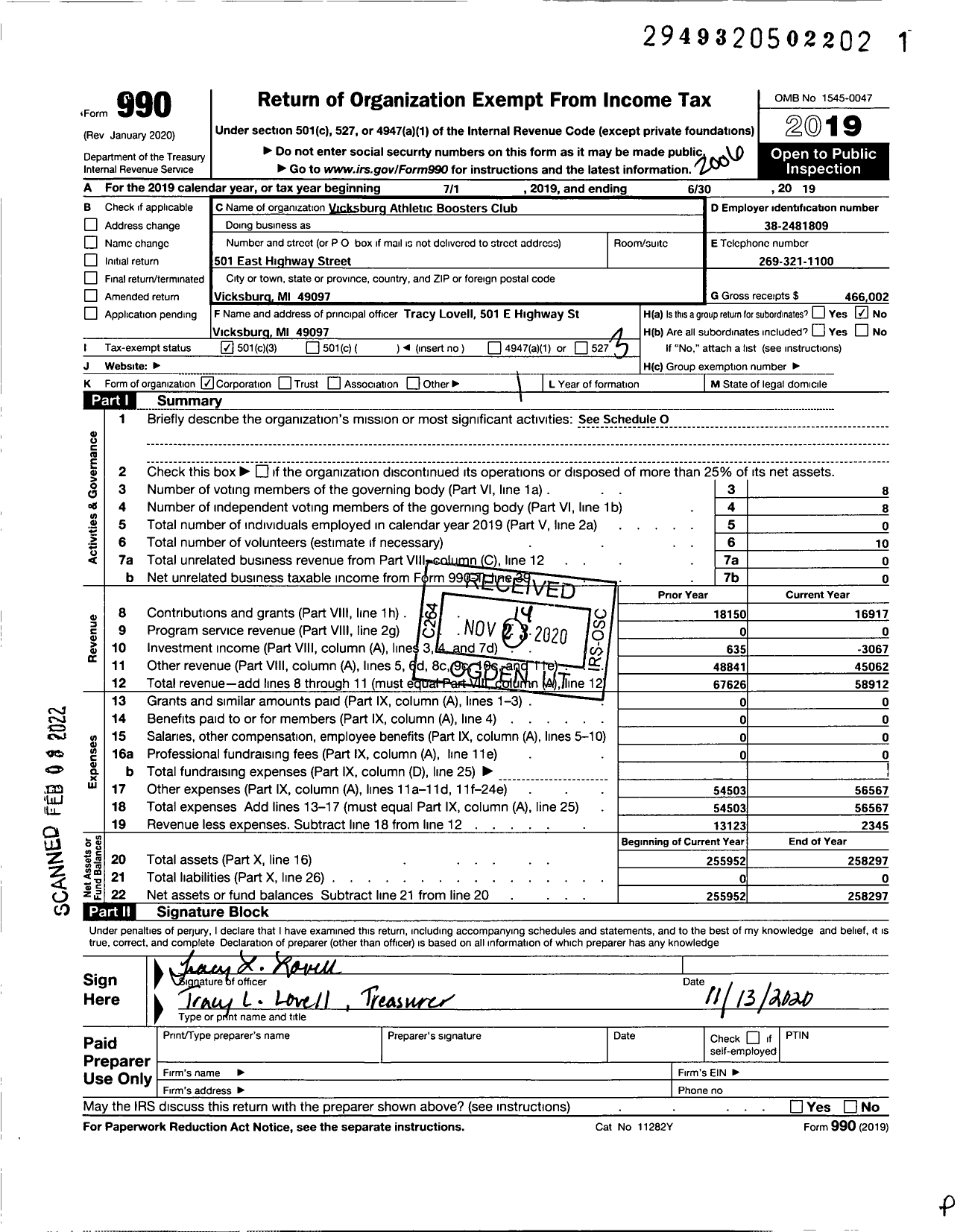 Image of first page of 2019 Form 990 for Vicksburg Athletic Boosters Club