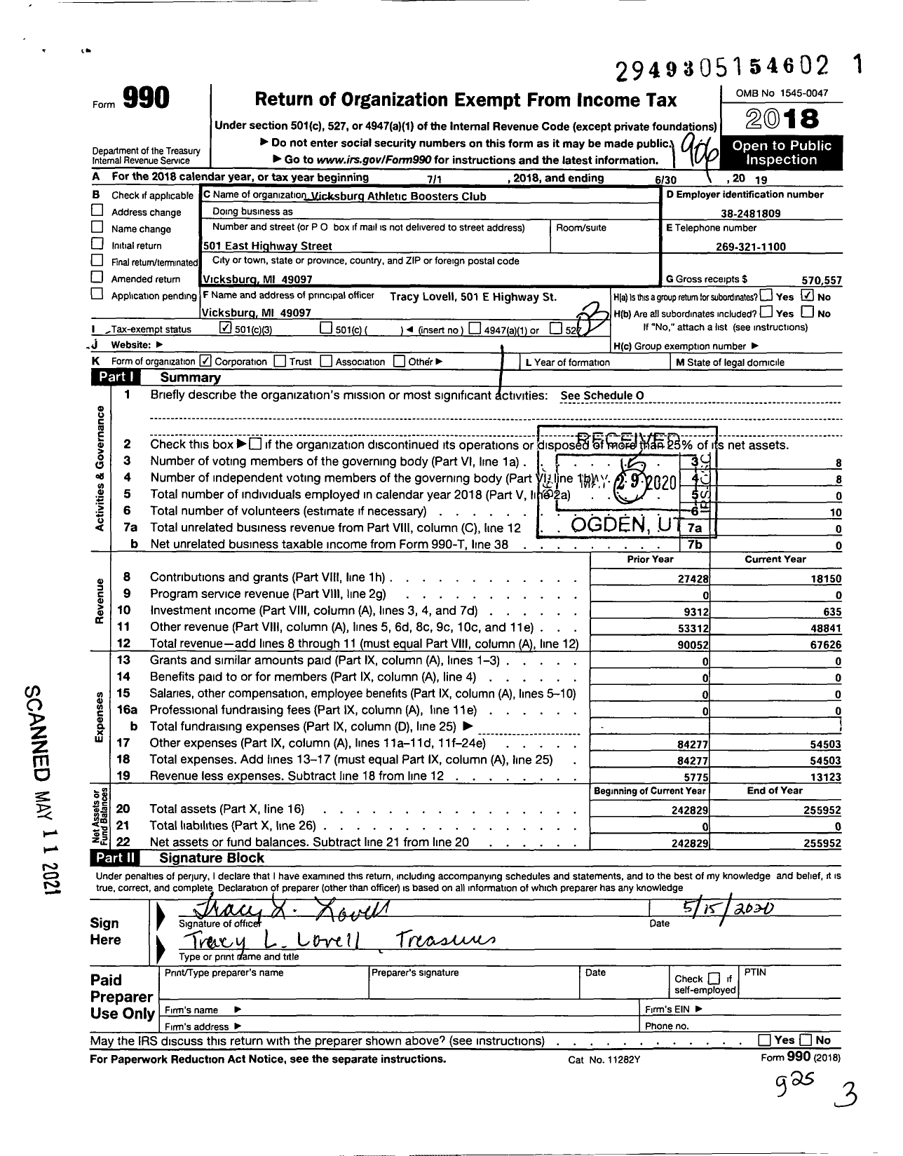 Image of first page of 2018 Form 990 for Vicksburg Athletic Boosters Club