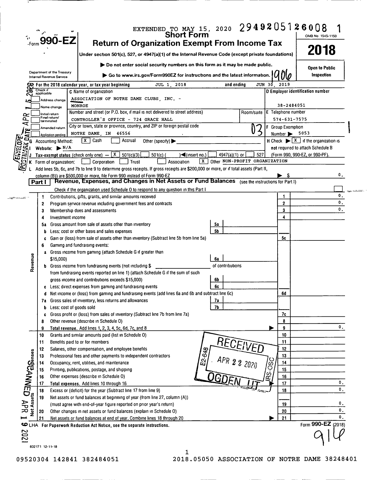 Image of first page of 2018 Form 990EZ for Association of Notre Dame Clubs - Monroe