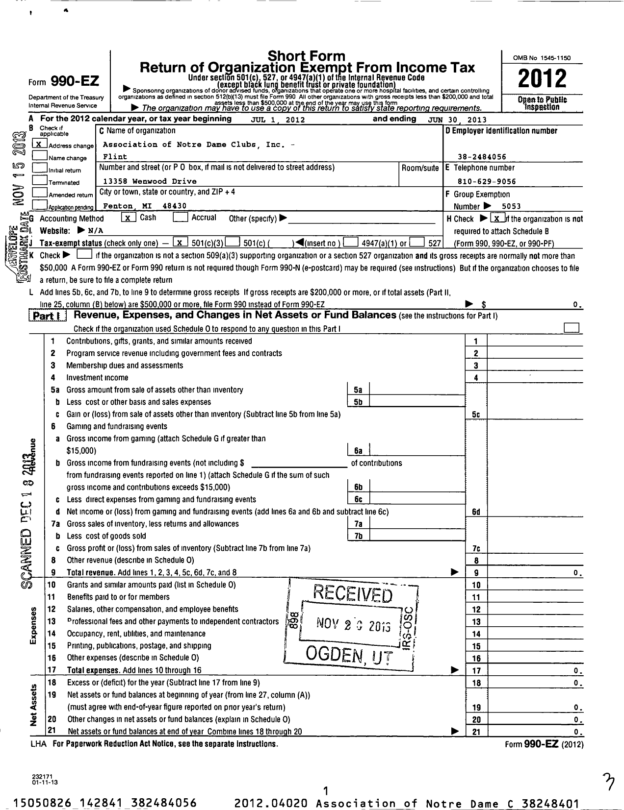 Image of first page of 2012 Form 990EZ for Association of Notre Dame Clubs Inc - Flint