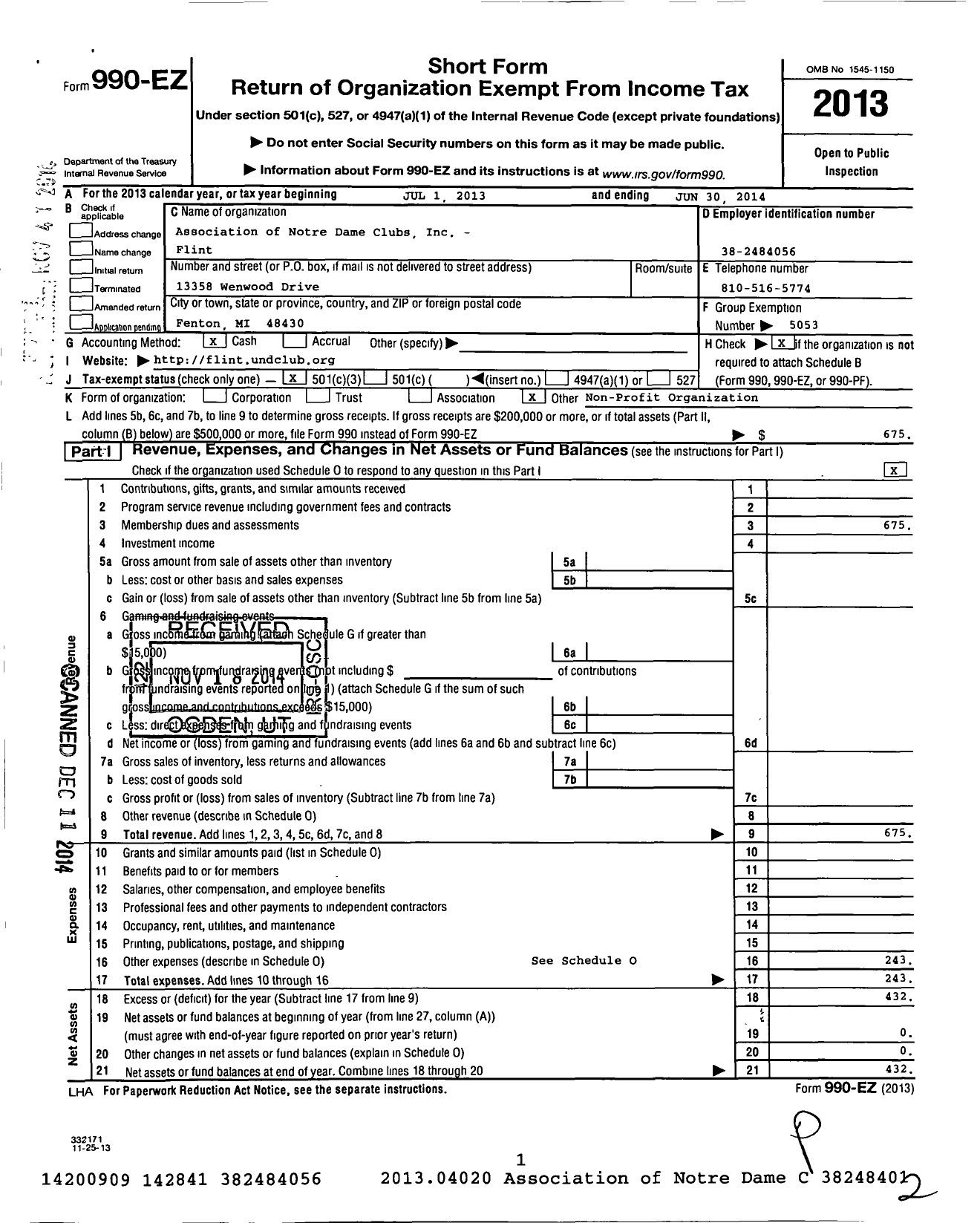 Image of first page of 2013 Form 990EZ for Association of Notre Dame Clubs Inc - Flint