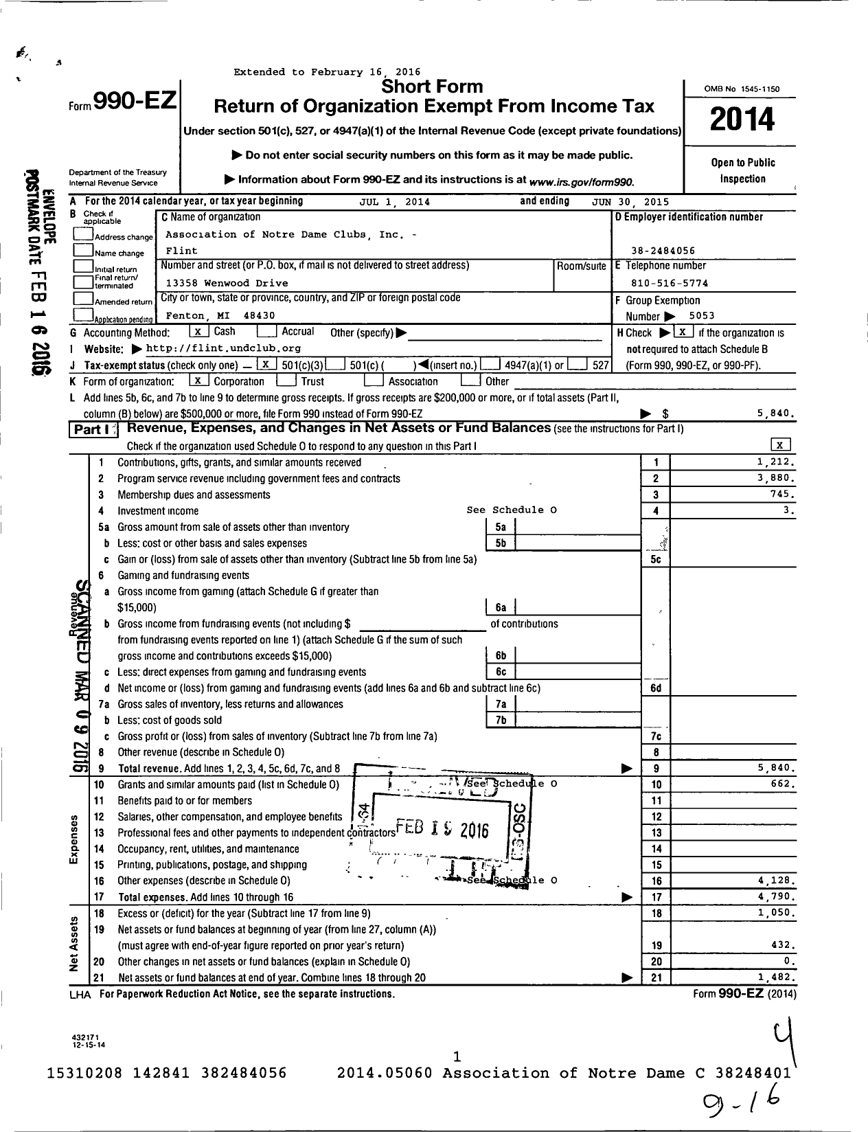 Image of first page of 2014 Form 990EZ for Association of Notre Dame Clubs Inc - Flint