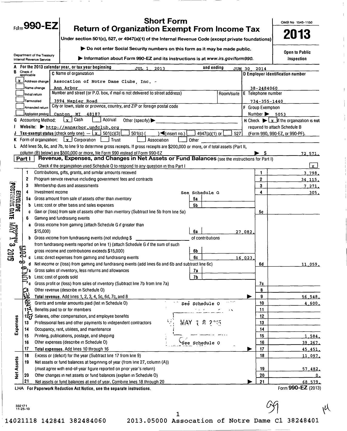 Image of first page of 2013 Form 990EZ for Association of Notre Dame Clubs Inc - Ann Arbor