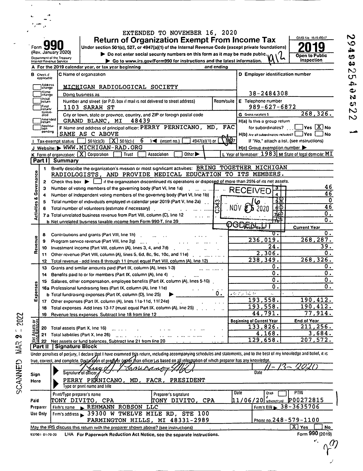 Image of first page of 2019 Form 990O for Michigan Radiological Society