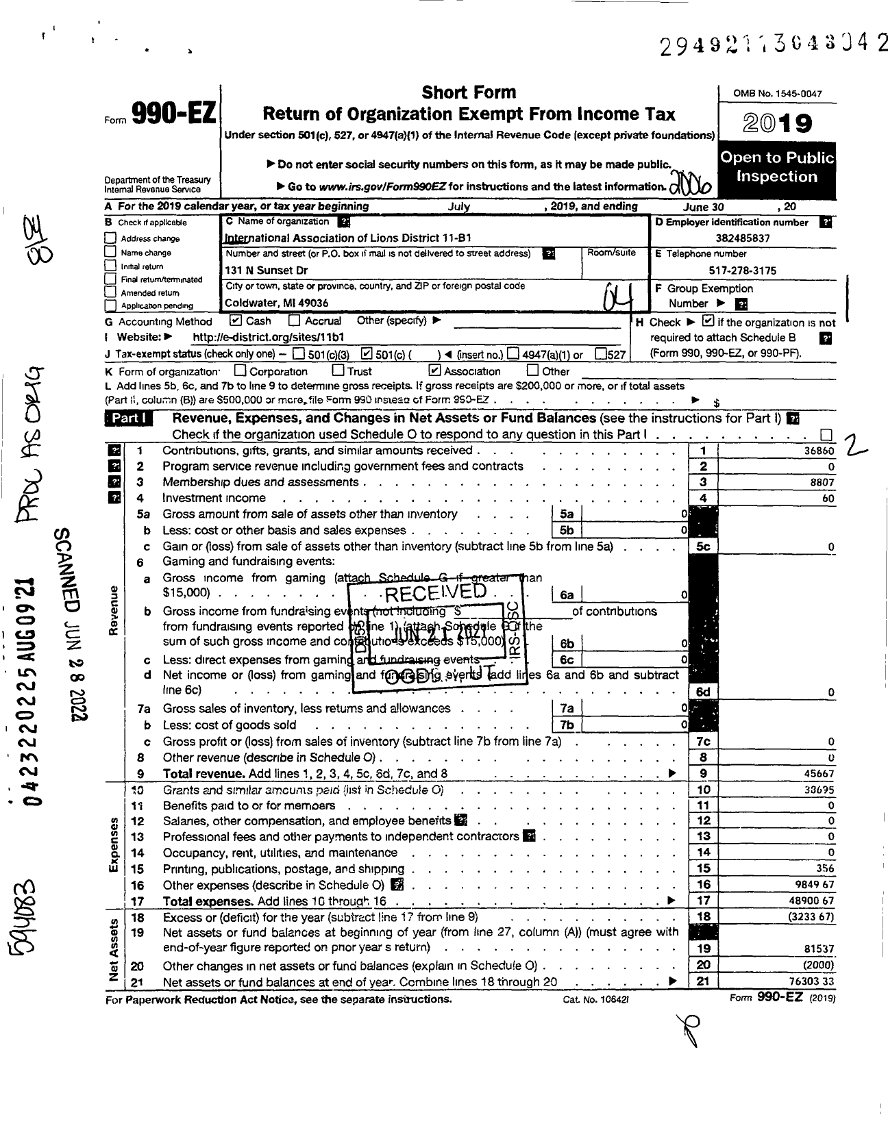 Image of first page of 2019 Form 990EO for Lions Clubs - 65629 11 B1 District