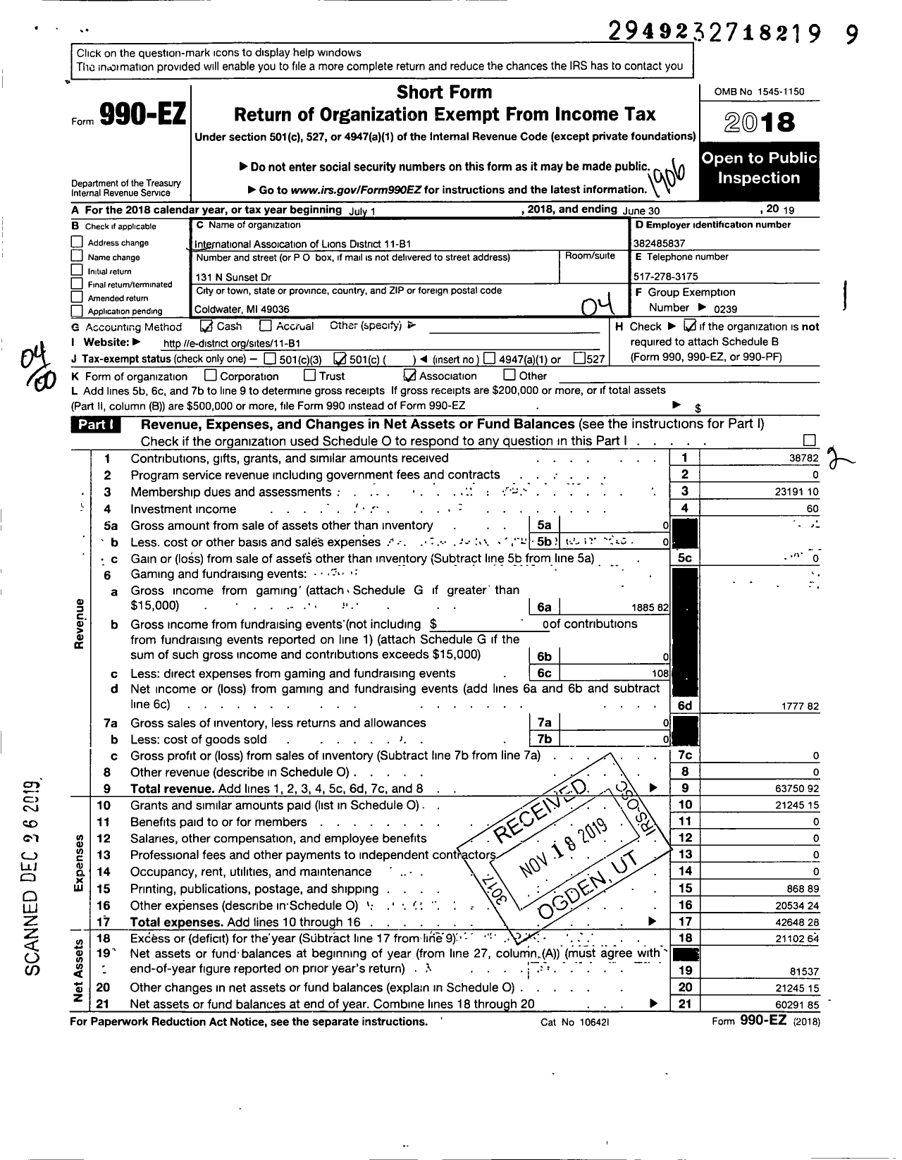 Image of first page of 2018 Form 990EO for Lions Clubs - 65629 11 B1 District