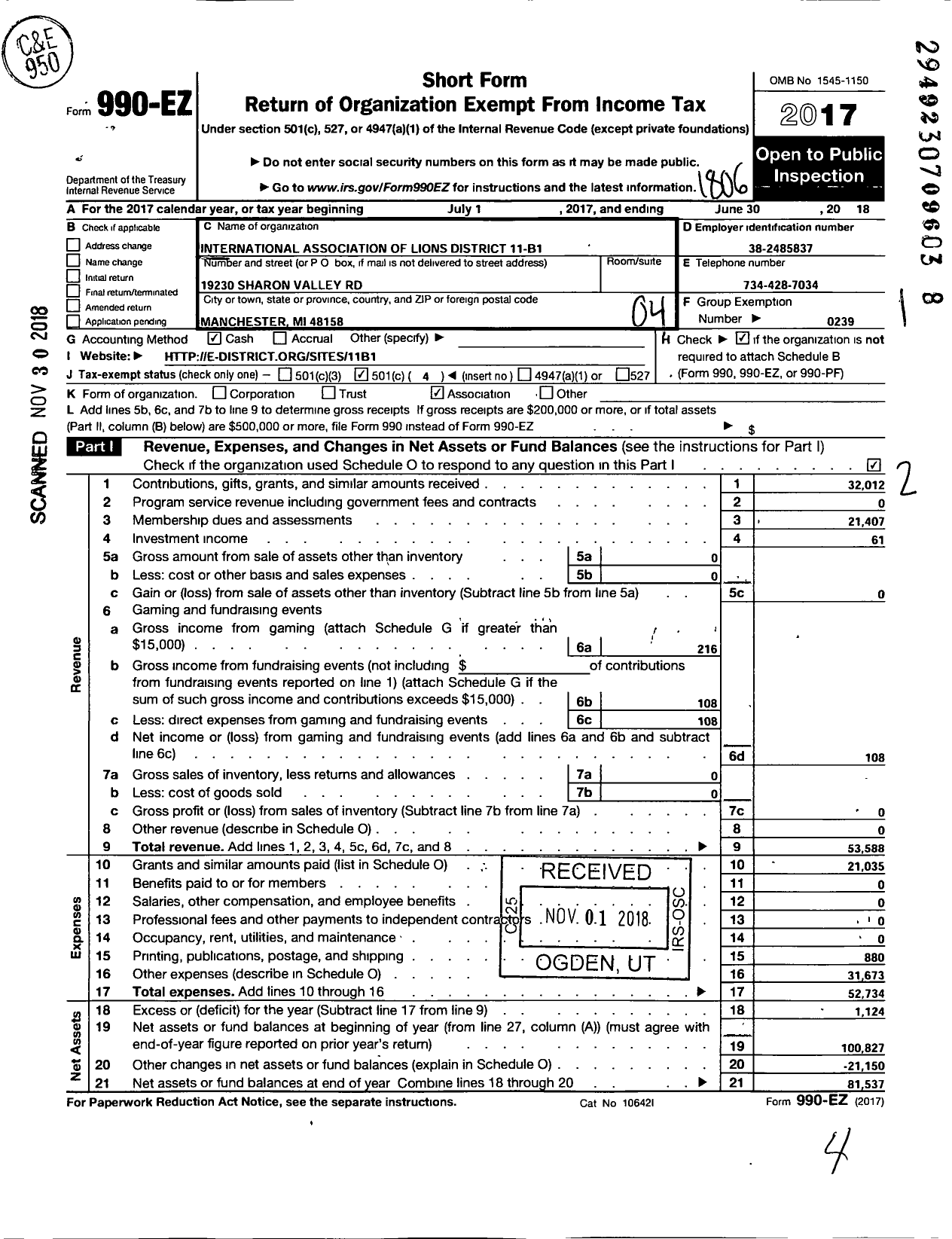 Image of first page of 2017 Form 990EO for Lions Clubs - 65629 11 B1 District