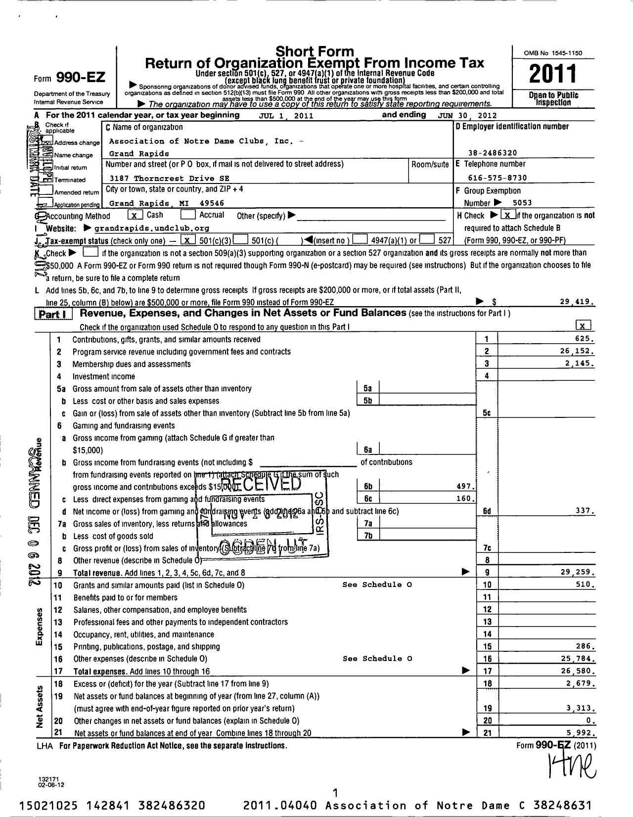 Image of first page of 2011 Form 990EZ for Association of Notre Dame Clubs Inc - Grand Rapids