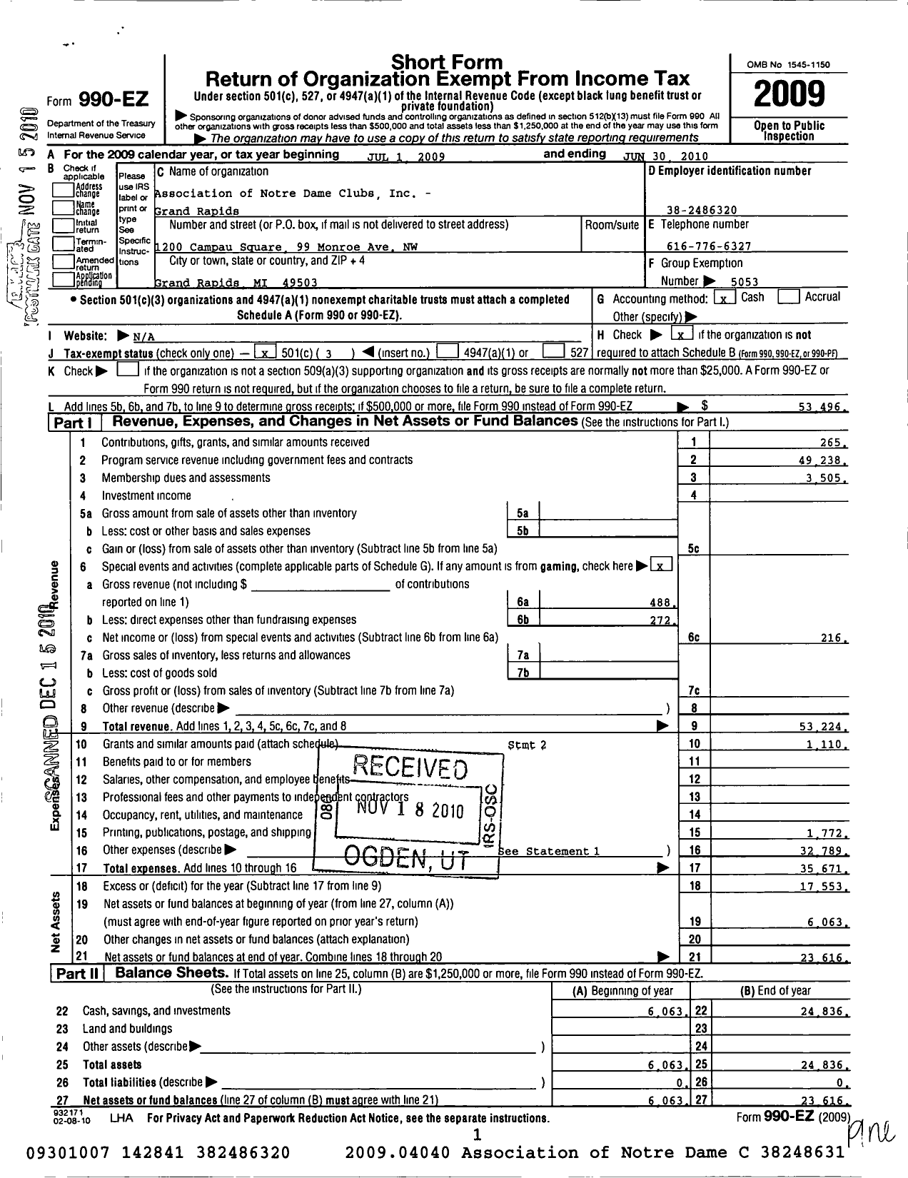 Image of first page of 2009 Form 990EZ for Association of Notre Dame Clubs Inc - Grand Rapids