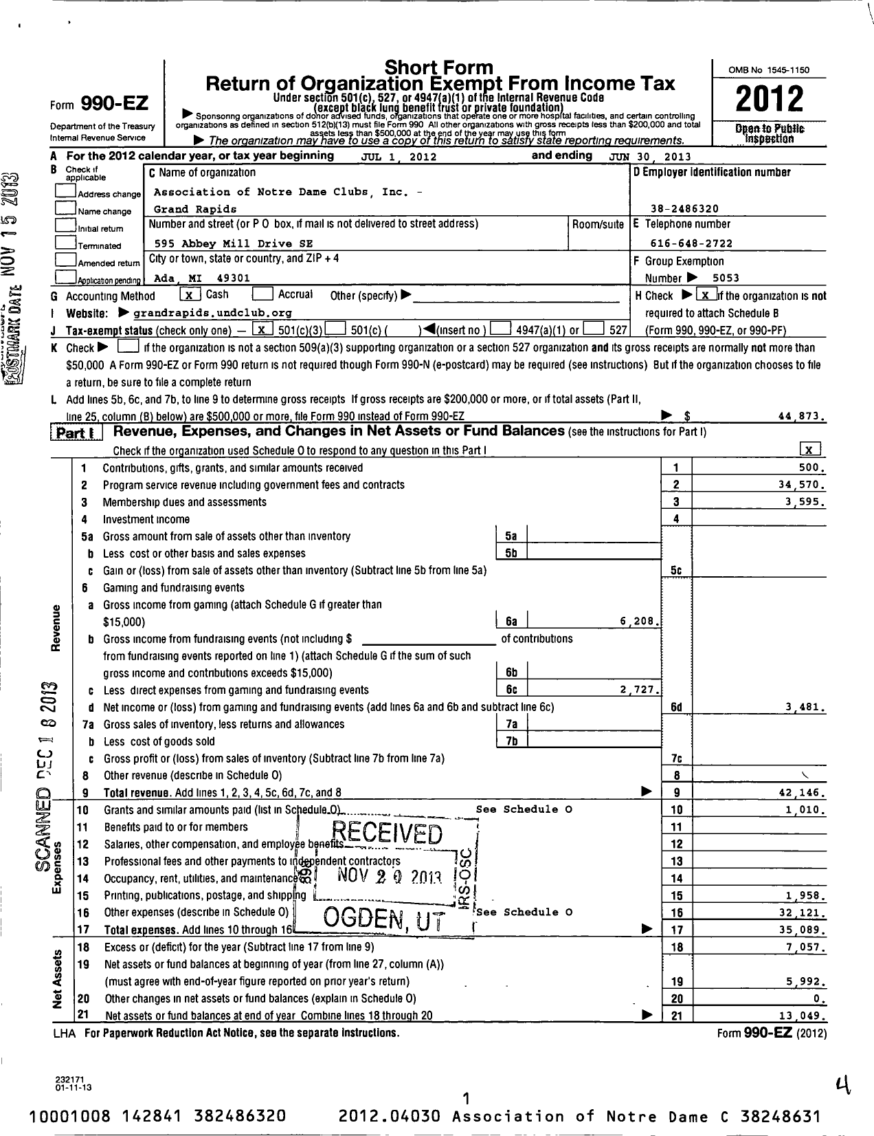 Image of first page of 2012 Form 990EZ for Association of Notre Dame Clubs Inc - Grand Rapids