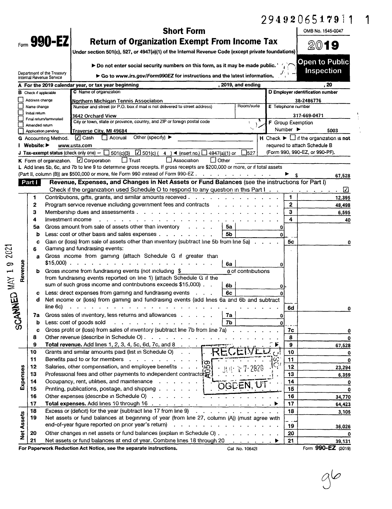 Image of first page of 2019 Form 990EO for United States Tennis Association / Northern Michigan Tennis Assoc