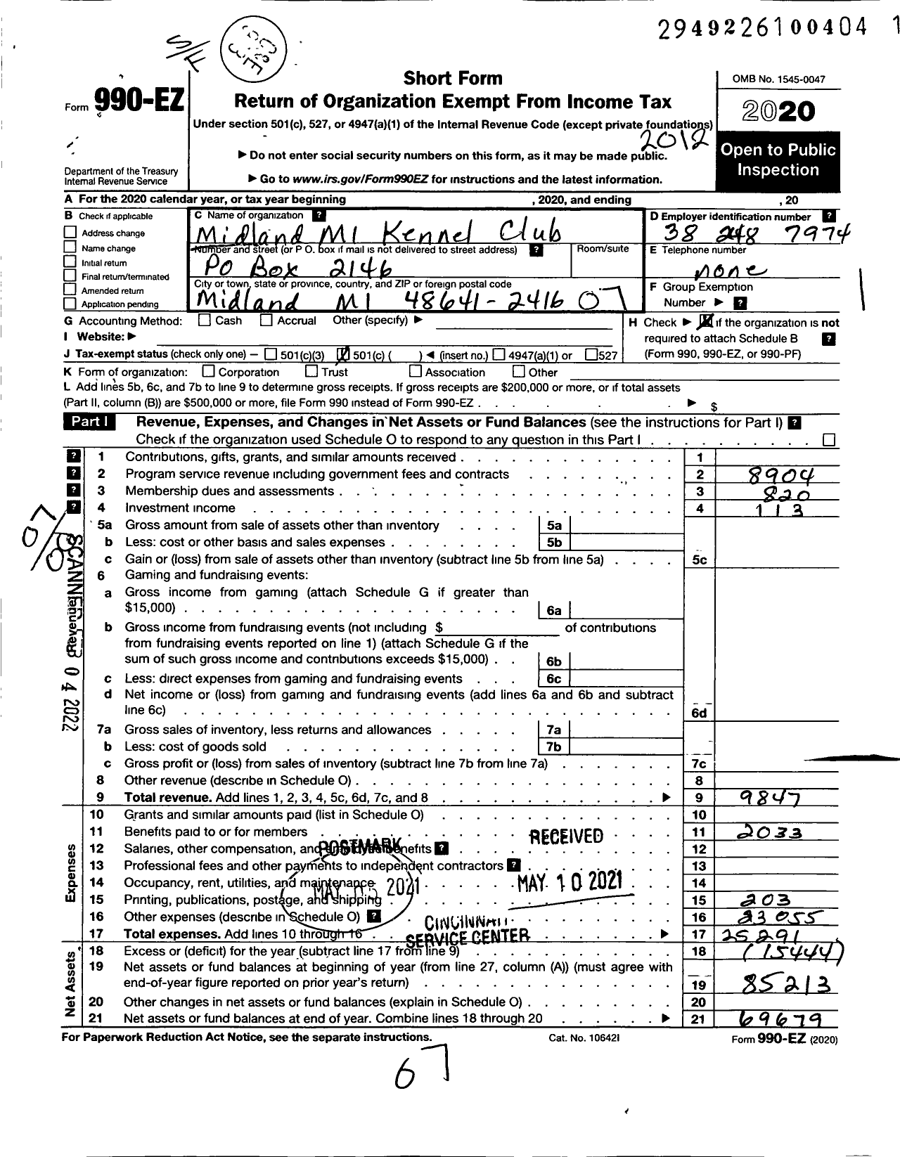 Image of first page of 2020 Form 990EO for Midland County Kennel Club