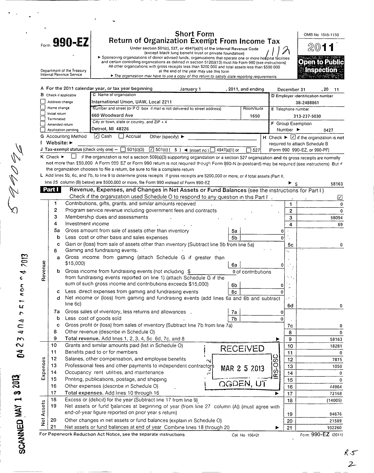 Image of first page of 2011 Form 990EO for Uaw - 2211 Local