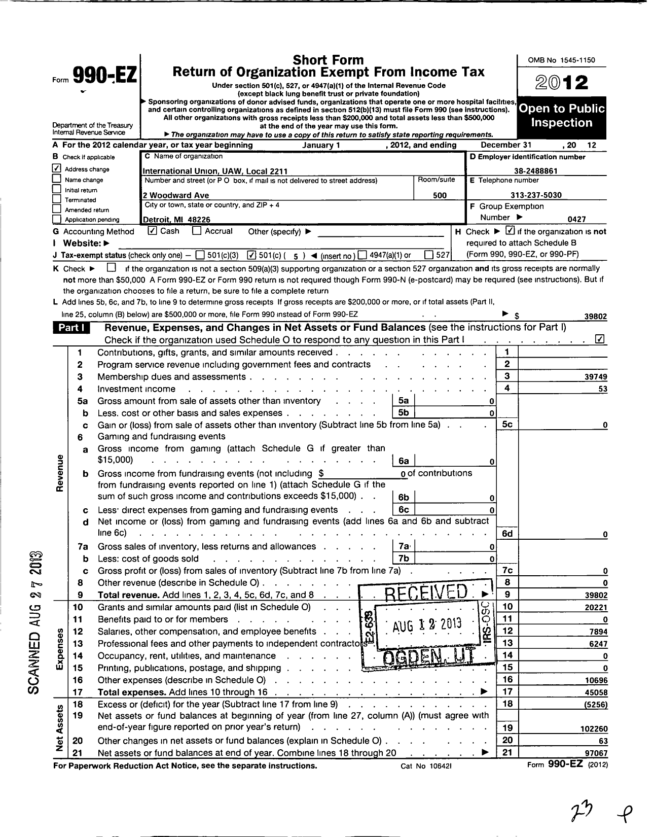 Image of first page of 2012 Form 990EO for Uaw - 2211 Local