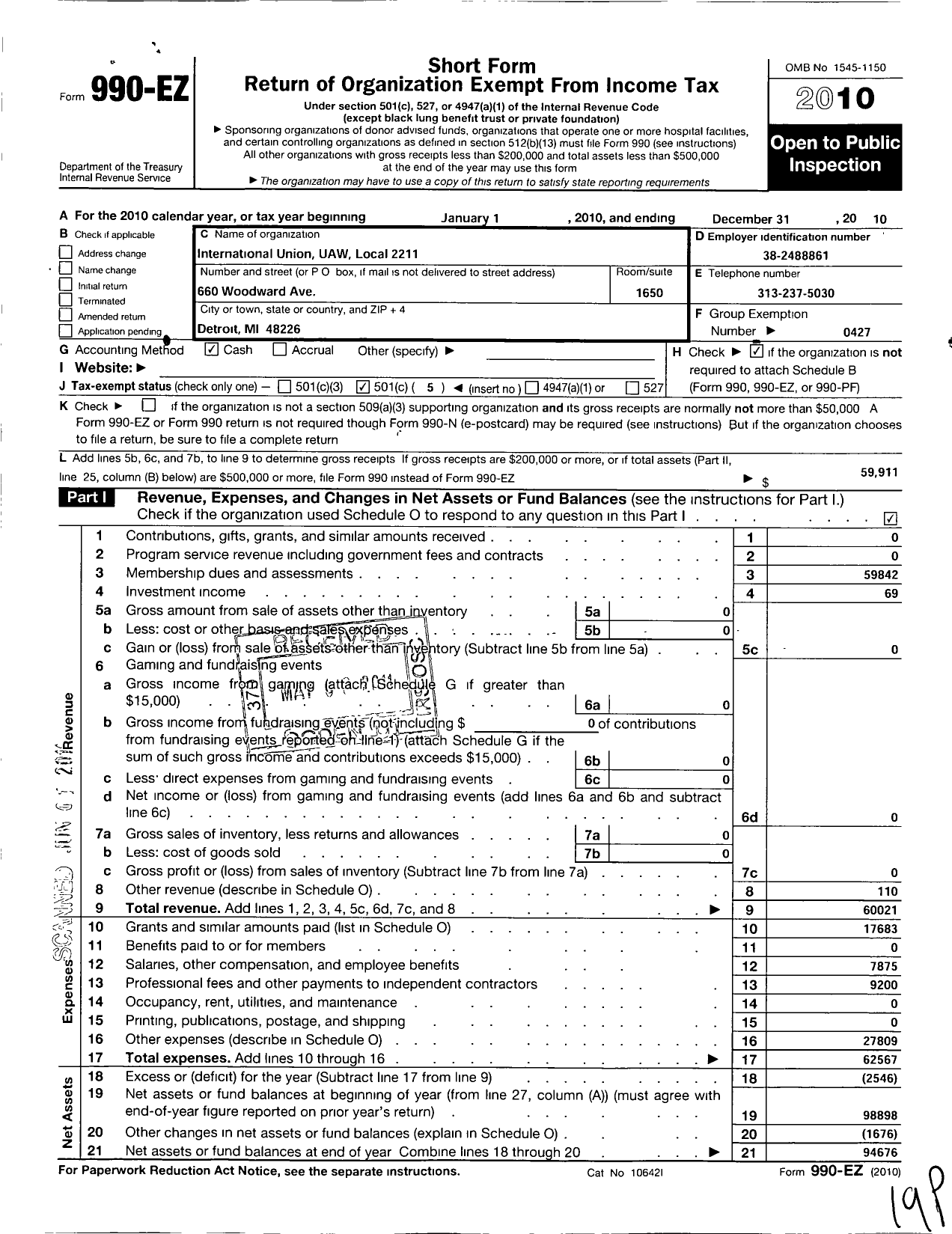 Image of first page of 2010 Form 990EO for Uaw - 2211 Local