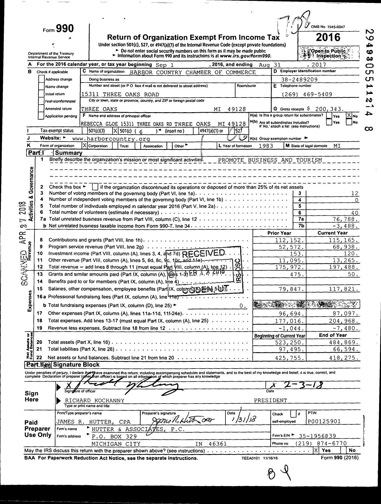 Image of first page of 2016 Form 990O for Harbor Country Chamber of Commerce